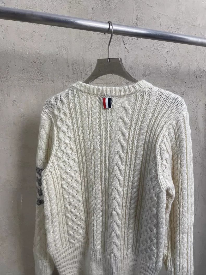 Thom Browne Thom browne Beige four-striped wool round-neck sweater 2504 Size US S / EU 44-46 / 1 - 4 Thumbnail