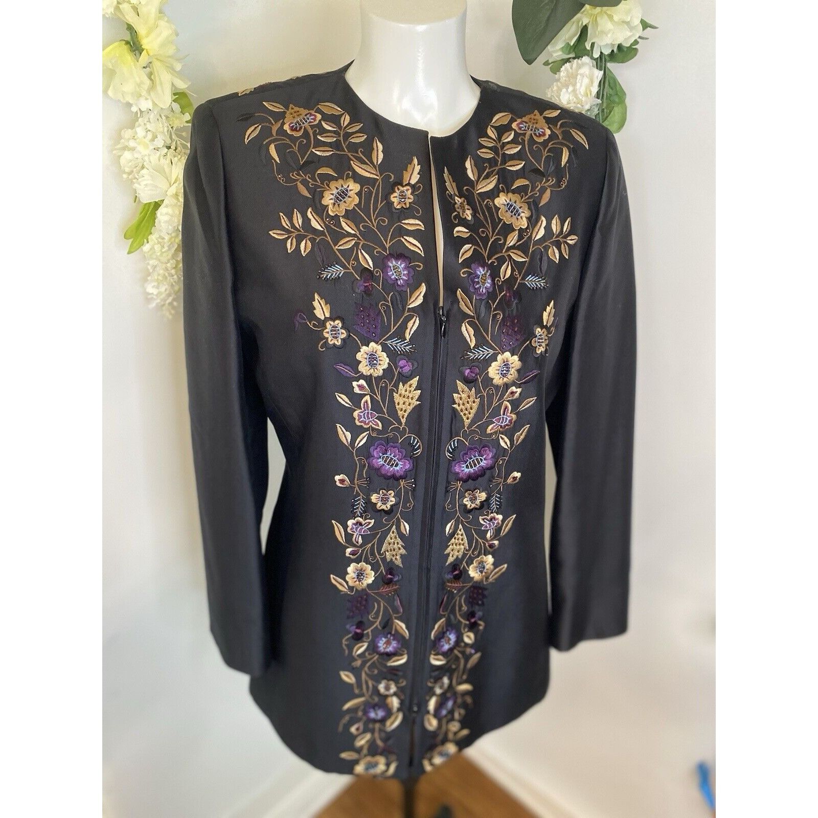 Vintage Dana Buchman Vintage Silk Jacket Long 90s Floral Embroidered Size S / US 4 / IT 40 - 9 Thumbnail