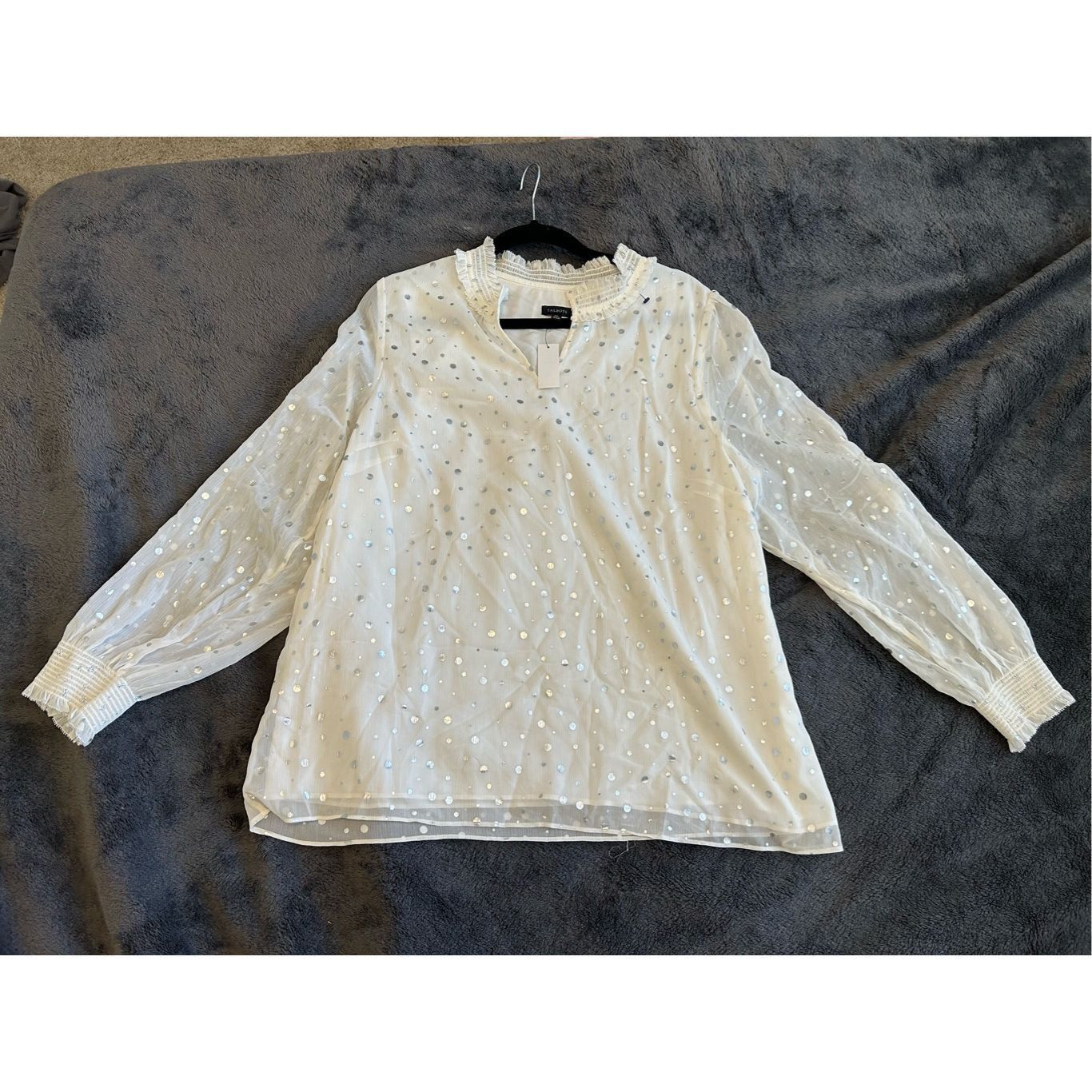 Robert Talbott Talbots NWT Smocked Cheerful Dots Top White Silver Polka Dot Size XL / US 12-14 / IT 48-50 - 3 Thumbnail