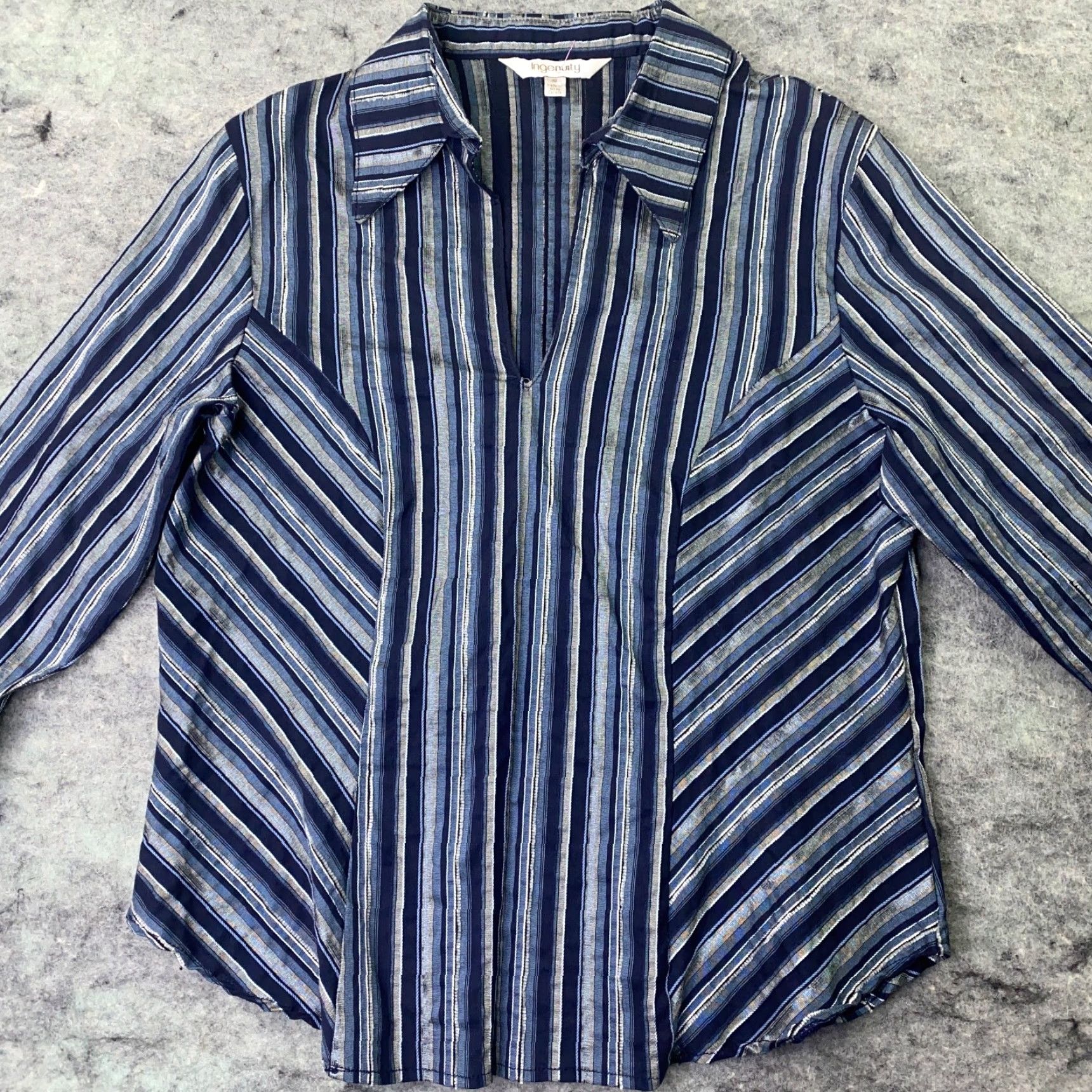 Vintage Ingenuity Shirt Blouse Womens Top 10 Blue Striped 3/4 Sleeve V-Neck Stretch Size L / US 10 / IT 46 - 2 Thumbnail