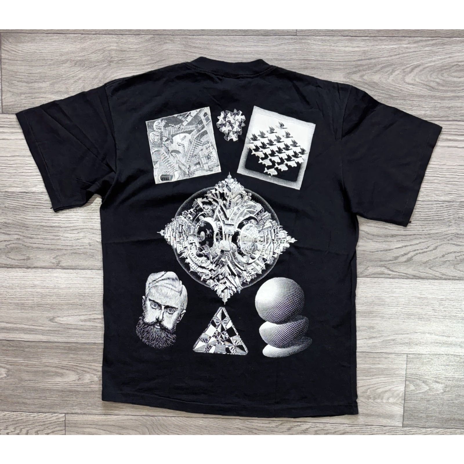 VINTAGE MC ESCHER T-Shirt All Over Print Black Tee ANDAZIA XL Mens