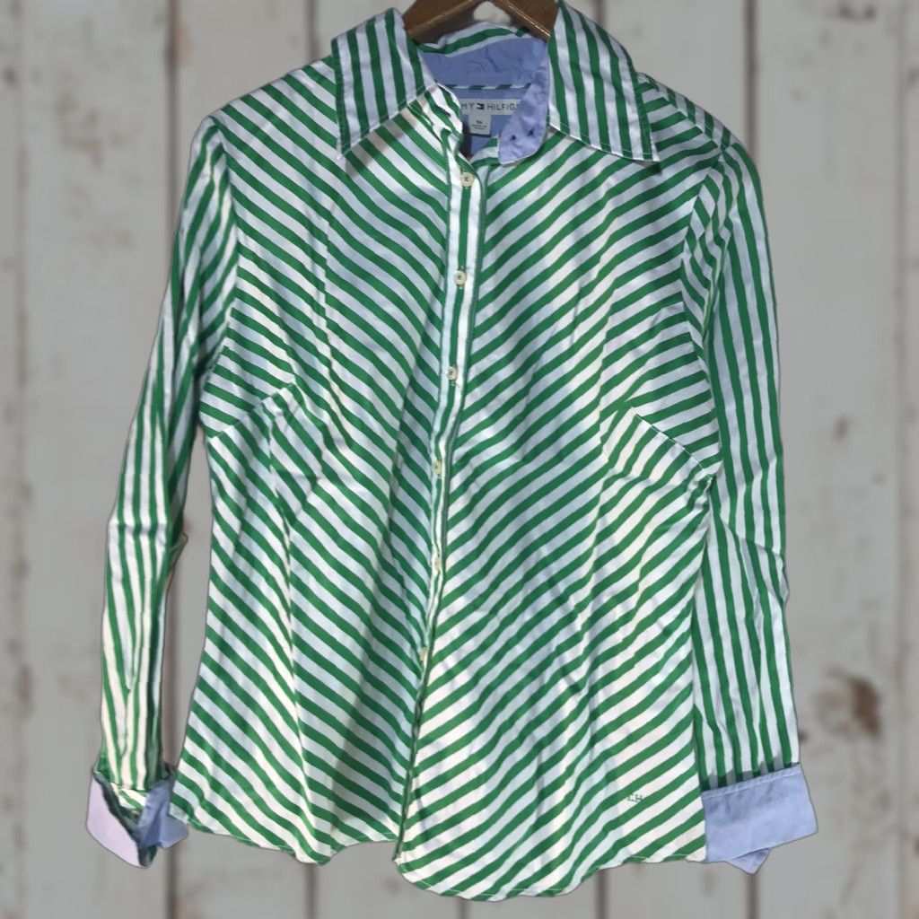 Tommy Hilfiger Tommy Hilfiger Grn/Wht Striped Business Button Up Womens Size M Size M / US 6-8 / IT 42-44 - 1 Thumbnail