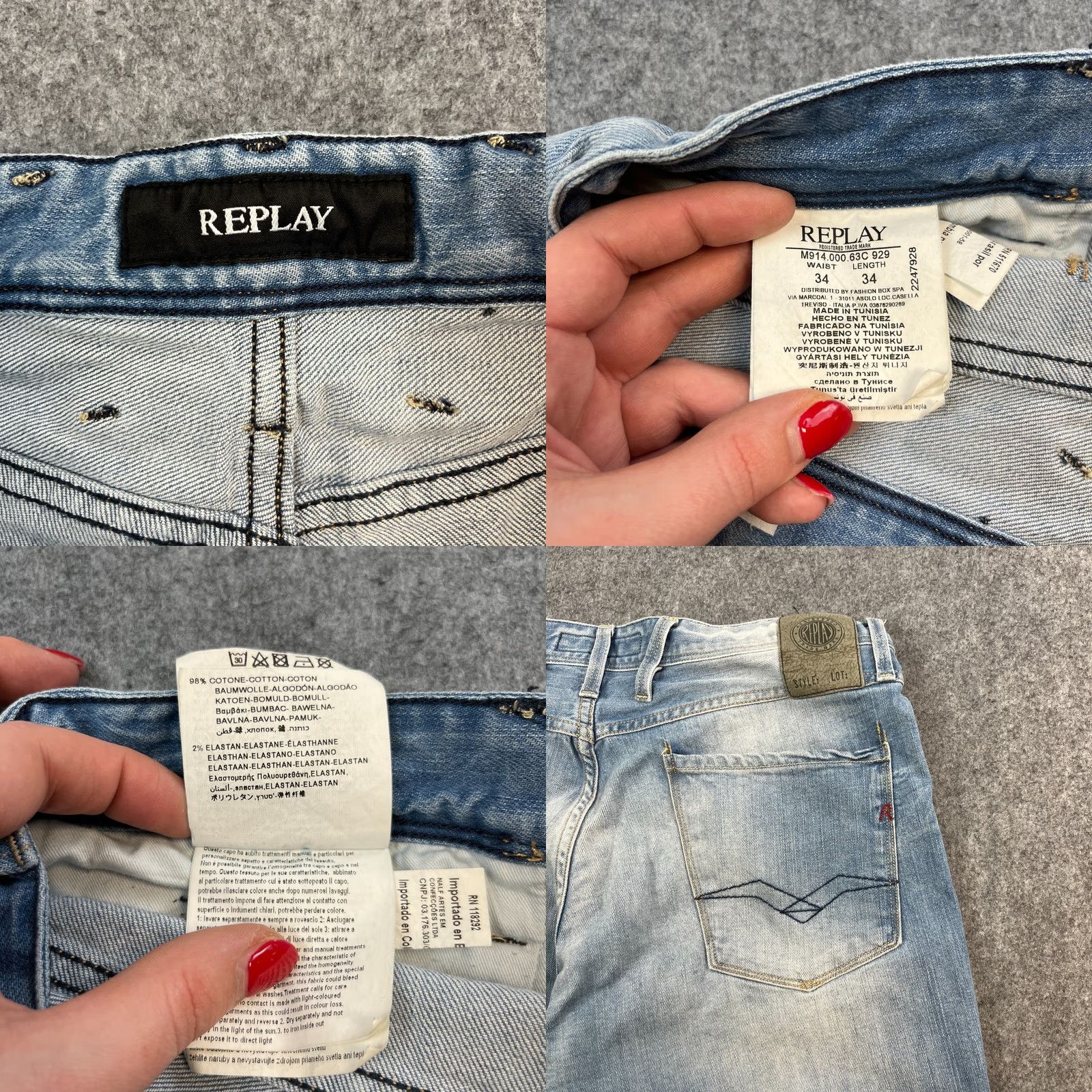 Replay Replay Jeans Slim Tapered 34 34 Light Wash Blue Stretch Whiskers Fades Denim Casual Mens Slim Jeans Size US 34 / EU 50 - 8 Thumbnail