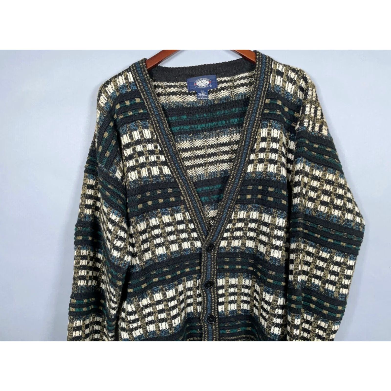 Vintage VINTAGE Textured Check Pattern Cardigan Sweater Mens Large Black Green 90s Retro Preppy Size US L / EU 52-54 / 3 - 4 Thumbnail