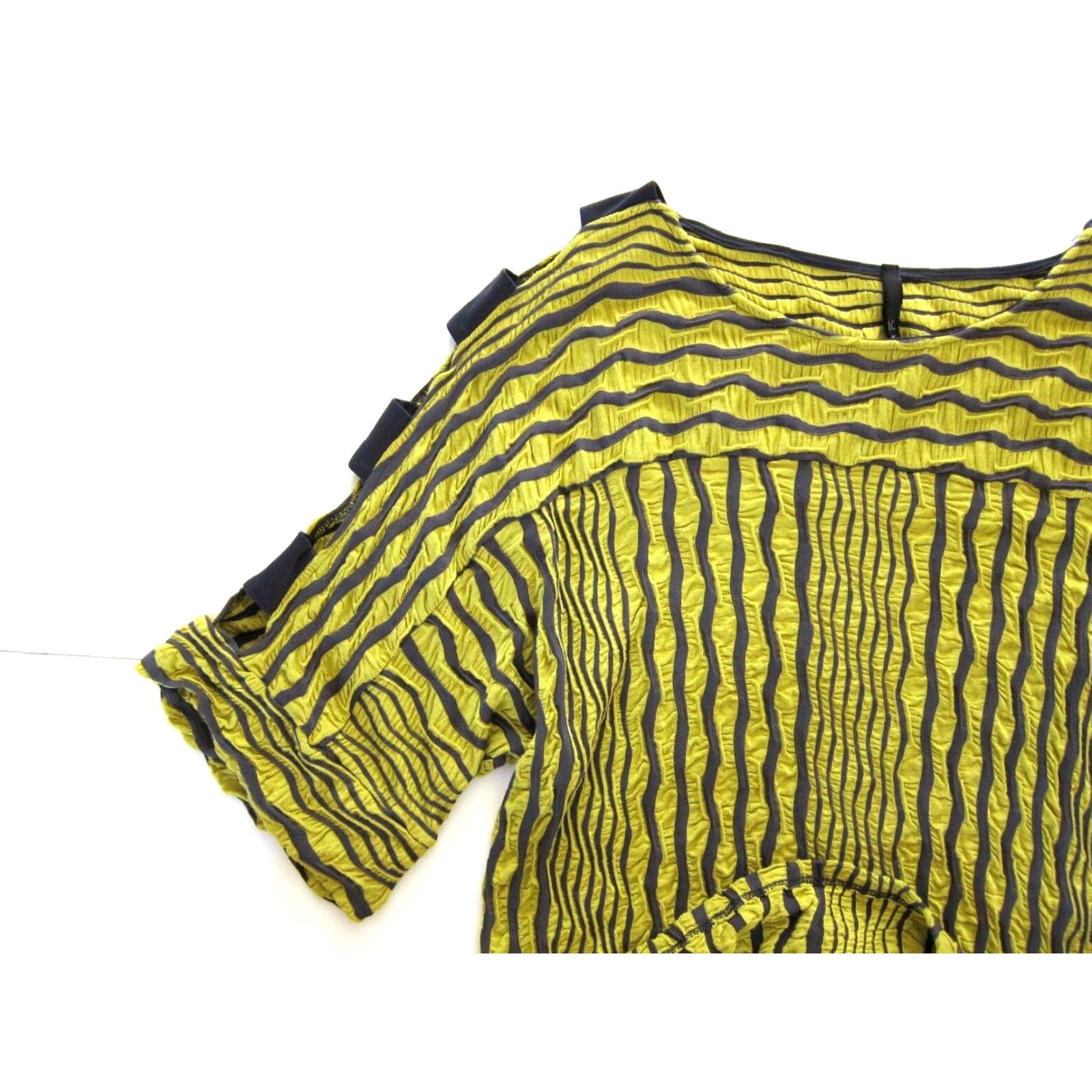 Vintage I.C. Connie K Yellow Grey Stripe Ribbed Open Shoulder Short Sleeve Blouse Small Size S / US 4 / IT 40 - 5 Thumbnail