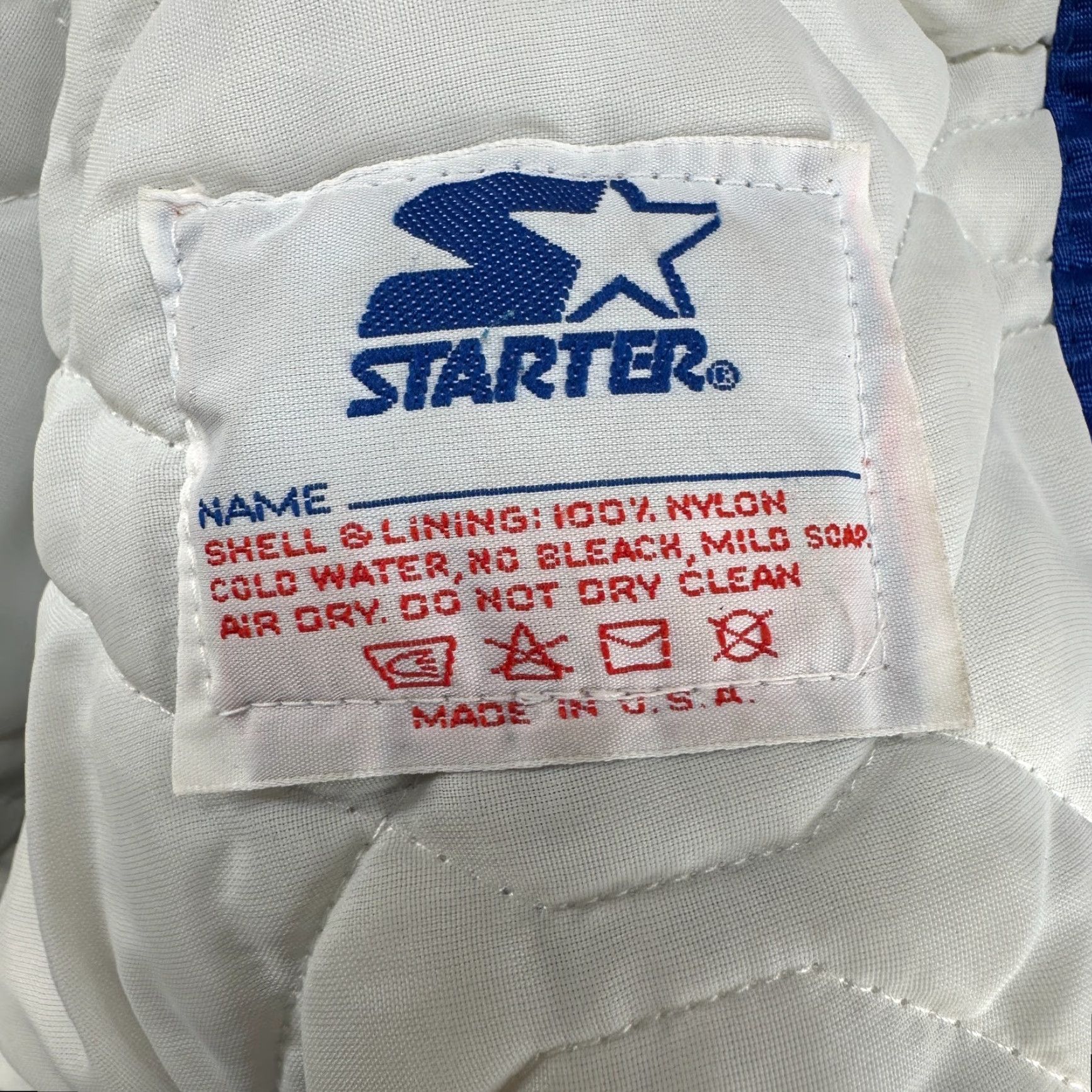 Starter VINTAGE Starter Jacket Mens M Blue Beige H&B Trucking Chainstitch Satin Rosina 90s Jacket, Varsity, Nylon, Button Snap, Regular Fit, Men Size US M / EU 48-50 / 2 - 7 Thumbnail