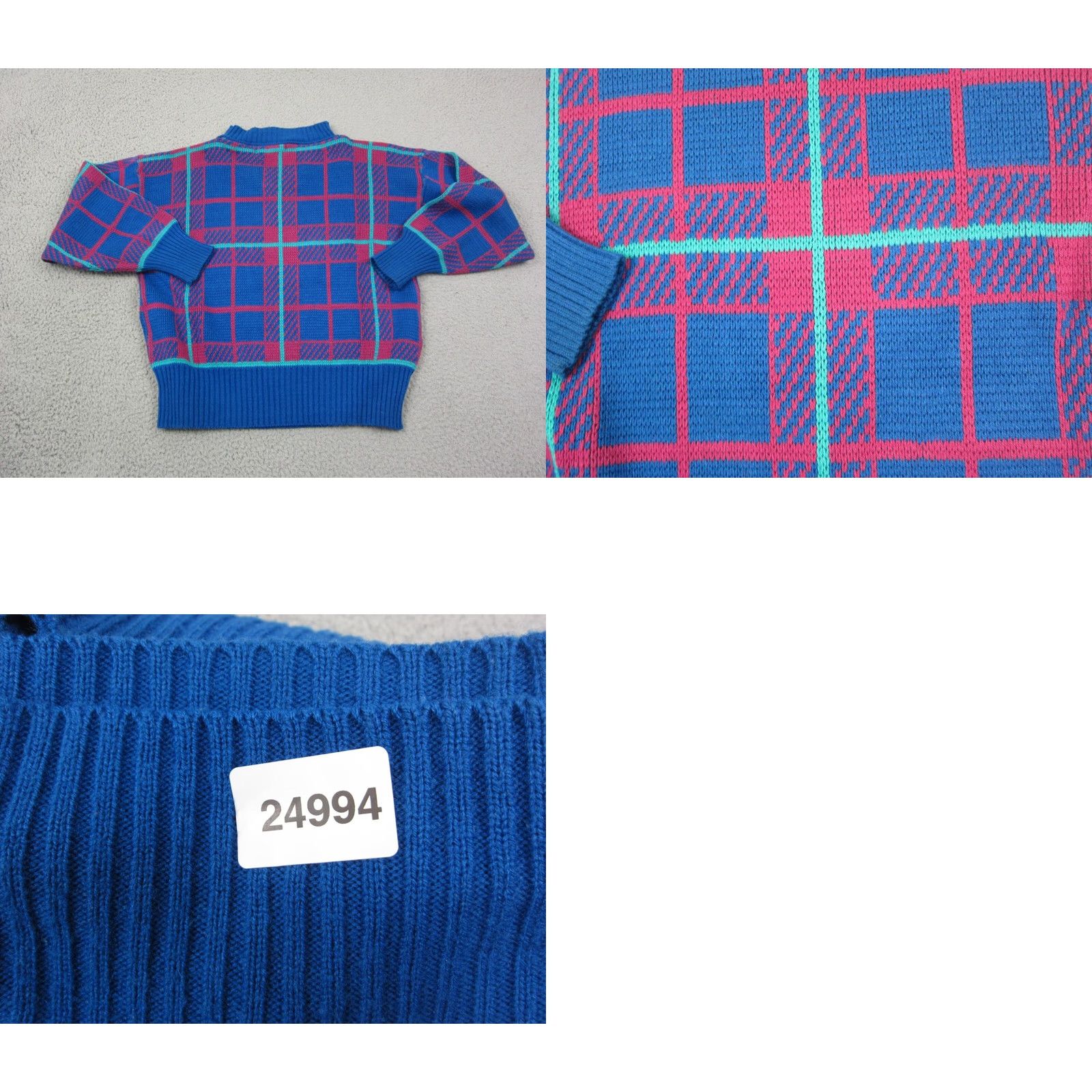 Vintage VINTAGE Bramble Lane Sweater Plaid Knit Blue 80s 90s Crew Neck Long Sleeve Womens 38 Pullover Size XS / US 0-2 / IT 36-38 - 9 Thumbnail