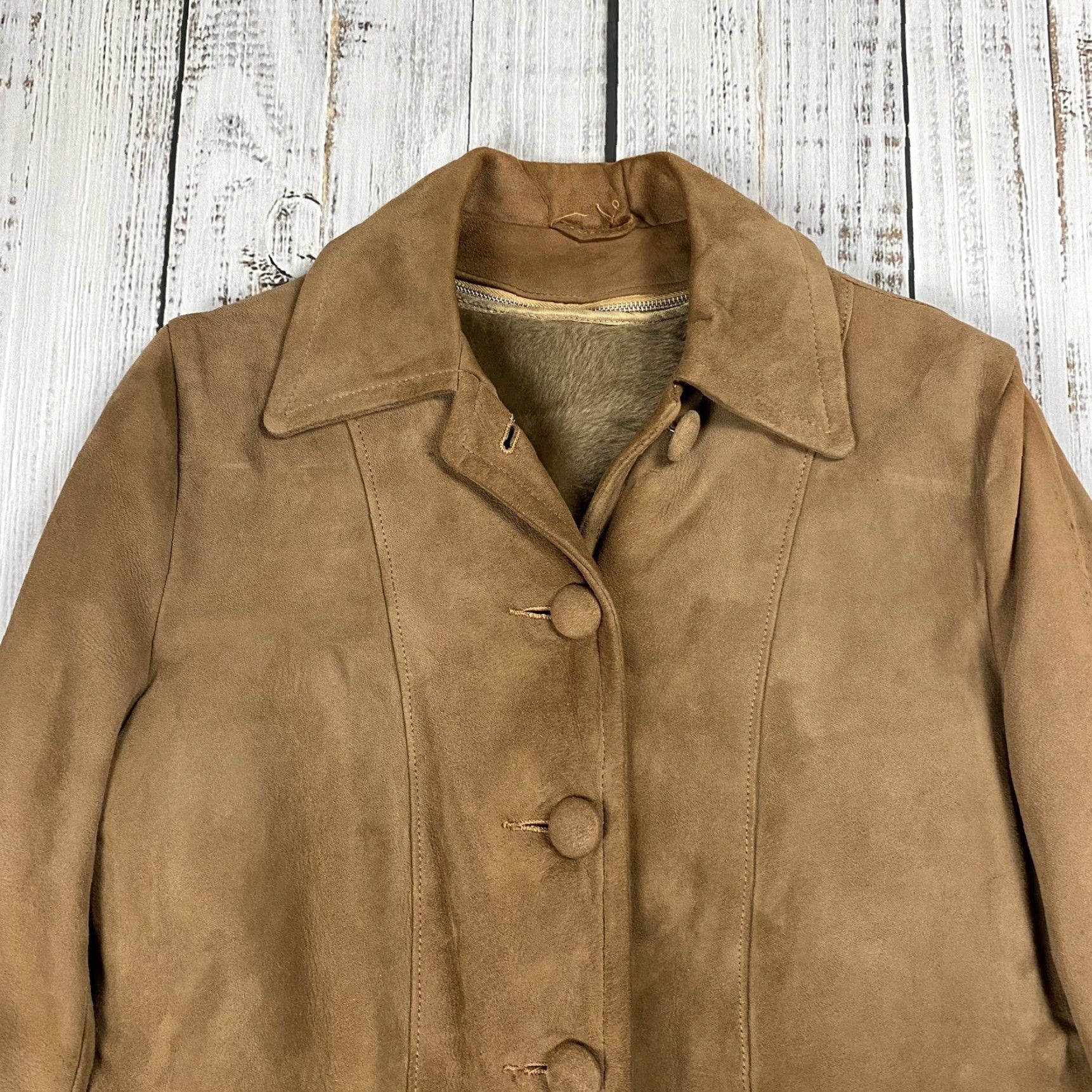 Vintage VINTAGE BOHO SUEDE LEATHER BLAZER Women’s 10 Long Brown Button Sherpa Liner - 50s 60s Style - jacket coat Size L / US 10 / IT 46 - 2 Thumbnail