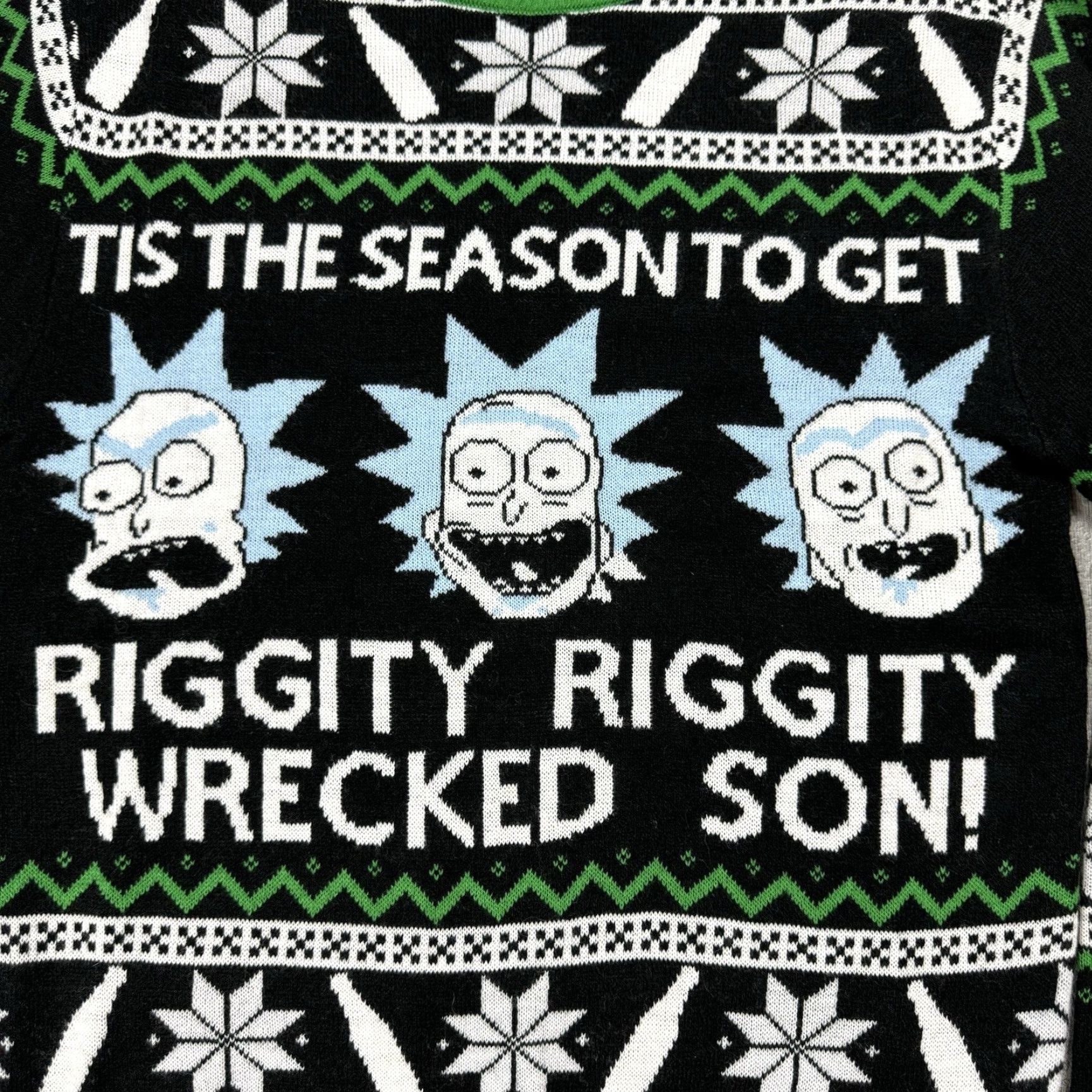 Vintage RICK AND MORTY Mens Small Ugly Christmas Sweater Riggity Wrecked Graphic Green & Black Crew Neck Knit Pullover Holiday 90s Theme Mens Size S Size US S / EU 44-46 / 1 - 2 Thumbnail