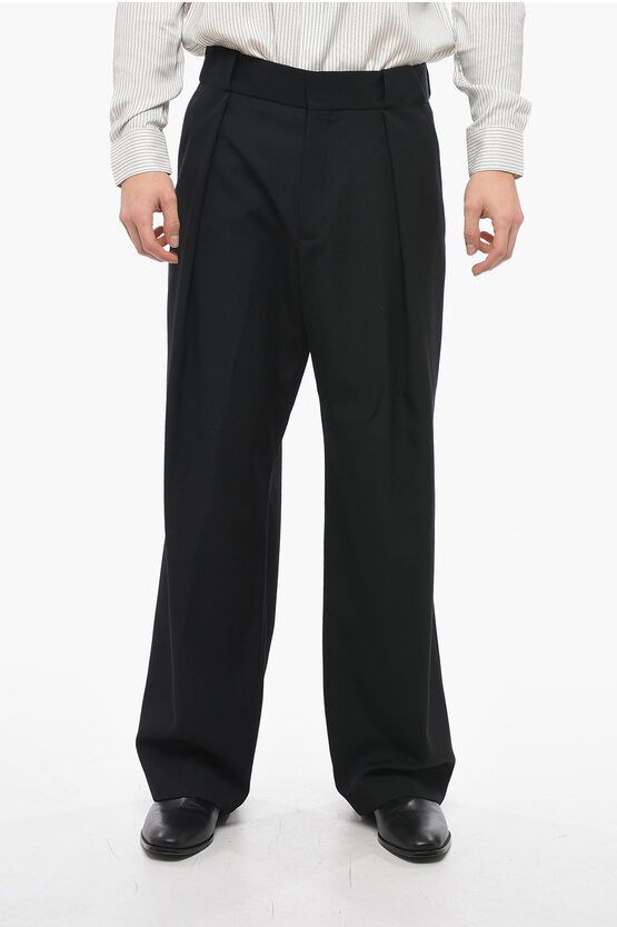 image of Balmain Wool Wide-Leg Pants With Front Pleats in Black, Men's (Size 32)