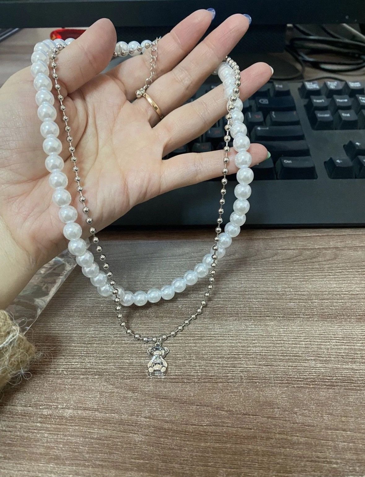 Jewelry Double Layer Pearl Bear Necklace Silver Necklace Size ONE SIZE - 5 Thumbnail