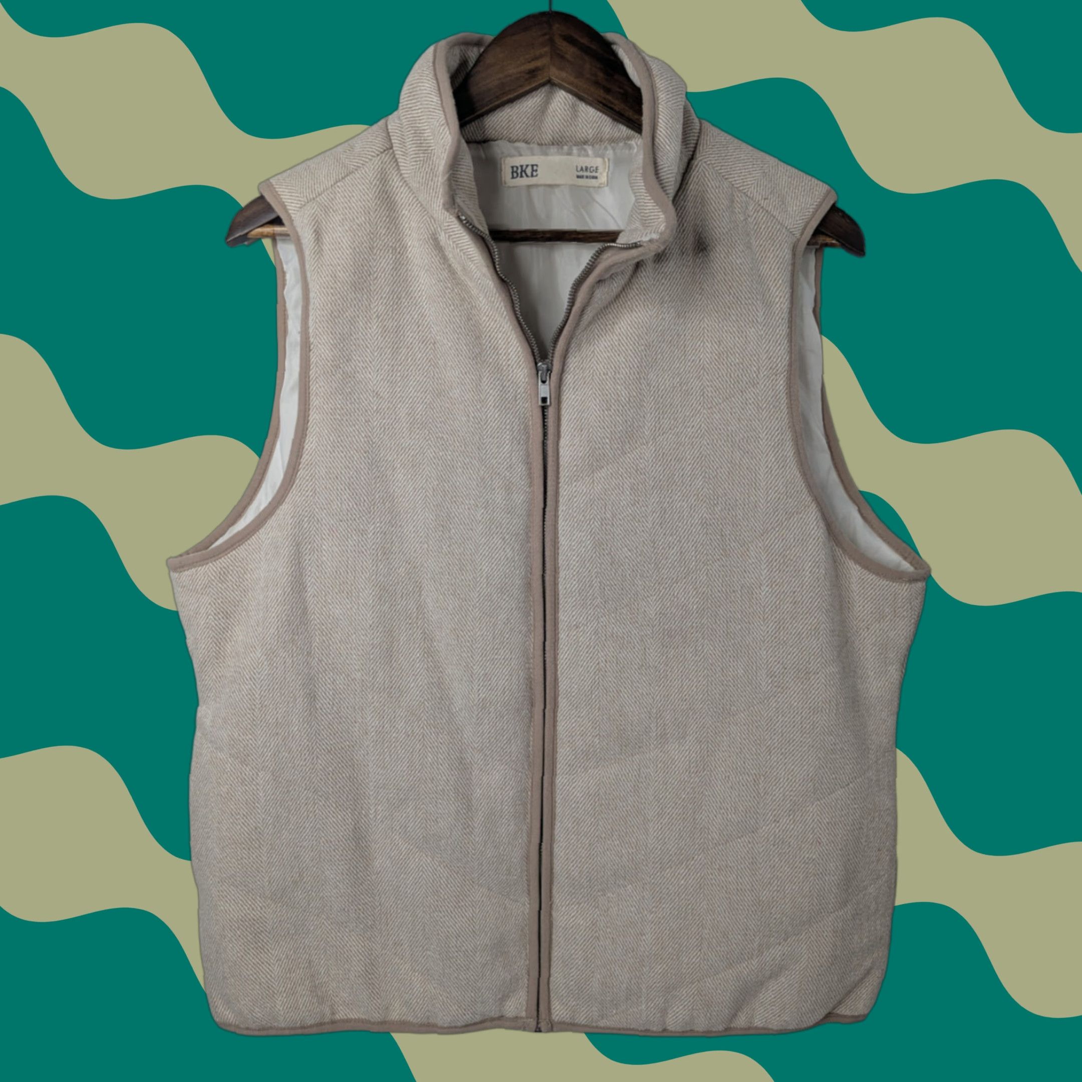 BKE VINTAGE BKE Vest Chevron Stripe Full Zip Tweed Insulated Cream Tan Beige Women's Large L Size L / US 10 / IT 46 - 1 Thumbnail
