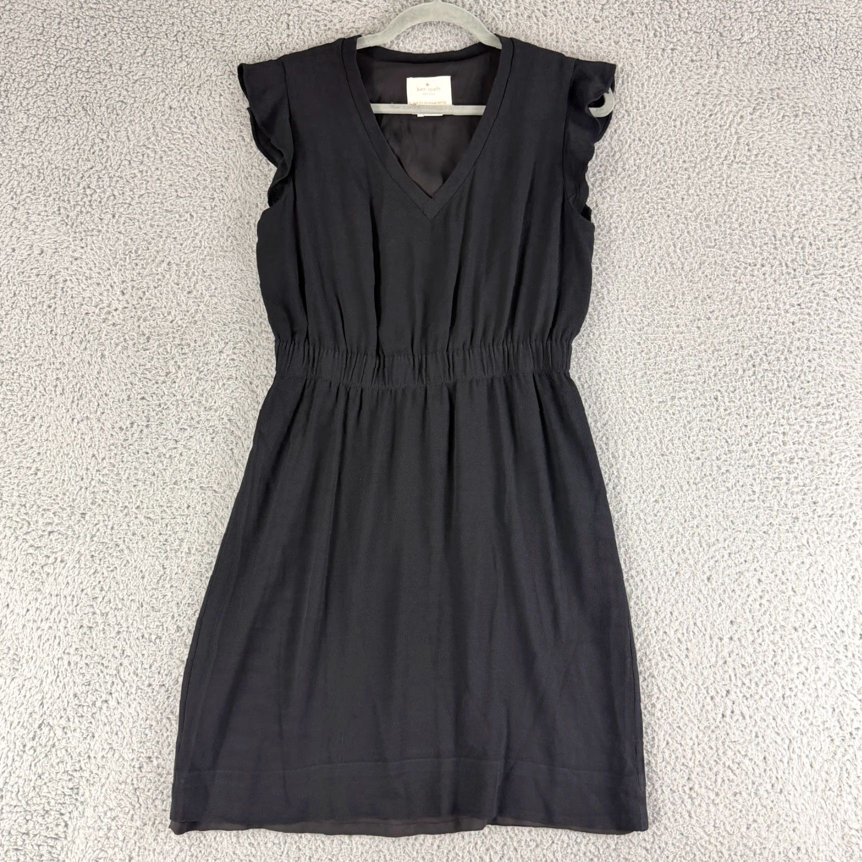 Vintage Kate Spade New York Mini Dress Black V-Neck Ruffle Sleeve 8 Womens/Size 8 Short Sleeve Crepe Fluid Pattern: Solid Size M / US 6-8 / IT 42-44 - 2 Thumbnail
