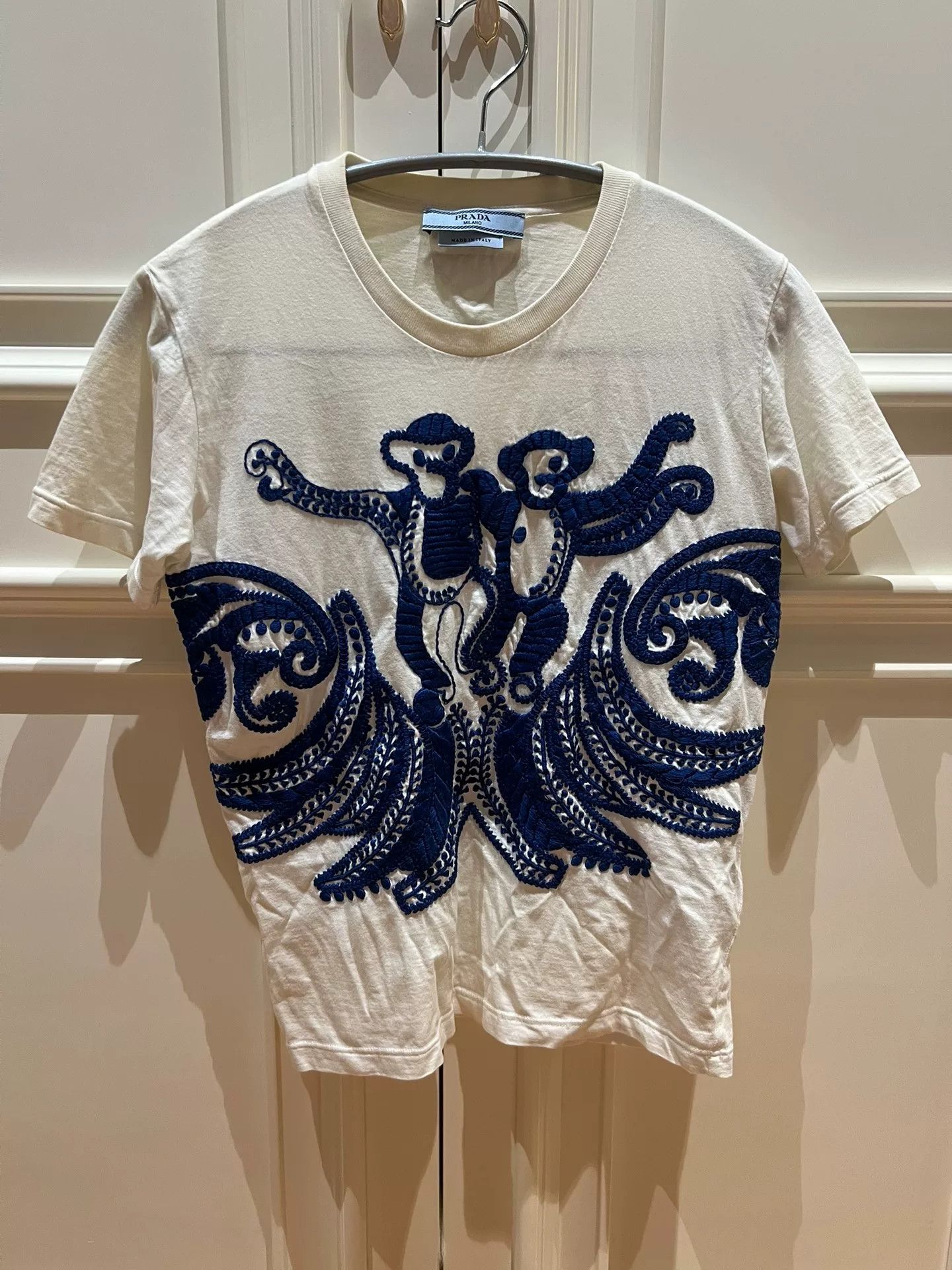 Prada Prada Women's White Embroidered T-Shirt Size S / US 4 / IT 40 - 1 Thumbnail