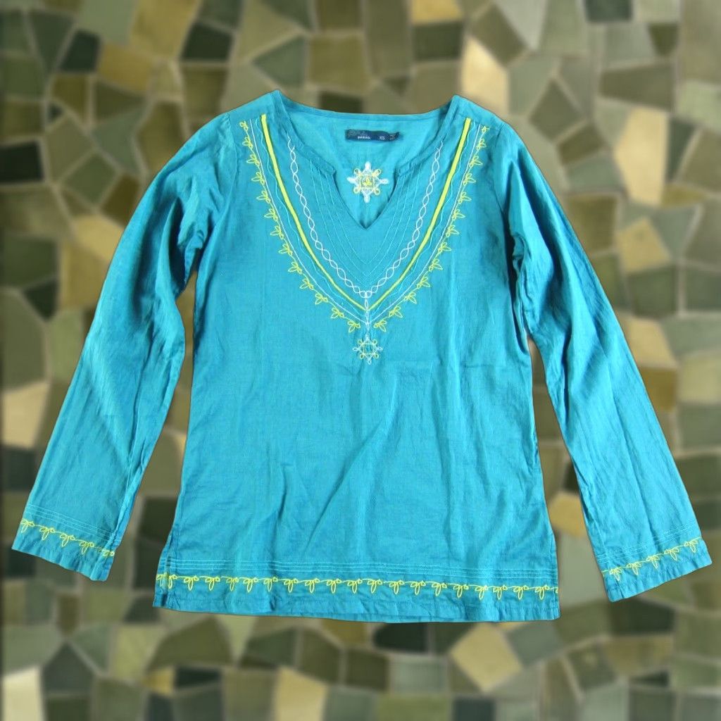 Prana VINTAGE PrAna 100% Cotton Blue Yellow Embroidered V-Neck Long Sleeve Peasant Blouse XS Size XS / US 0-2 / IT 36-38 - 1 Thumbnail