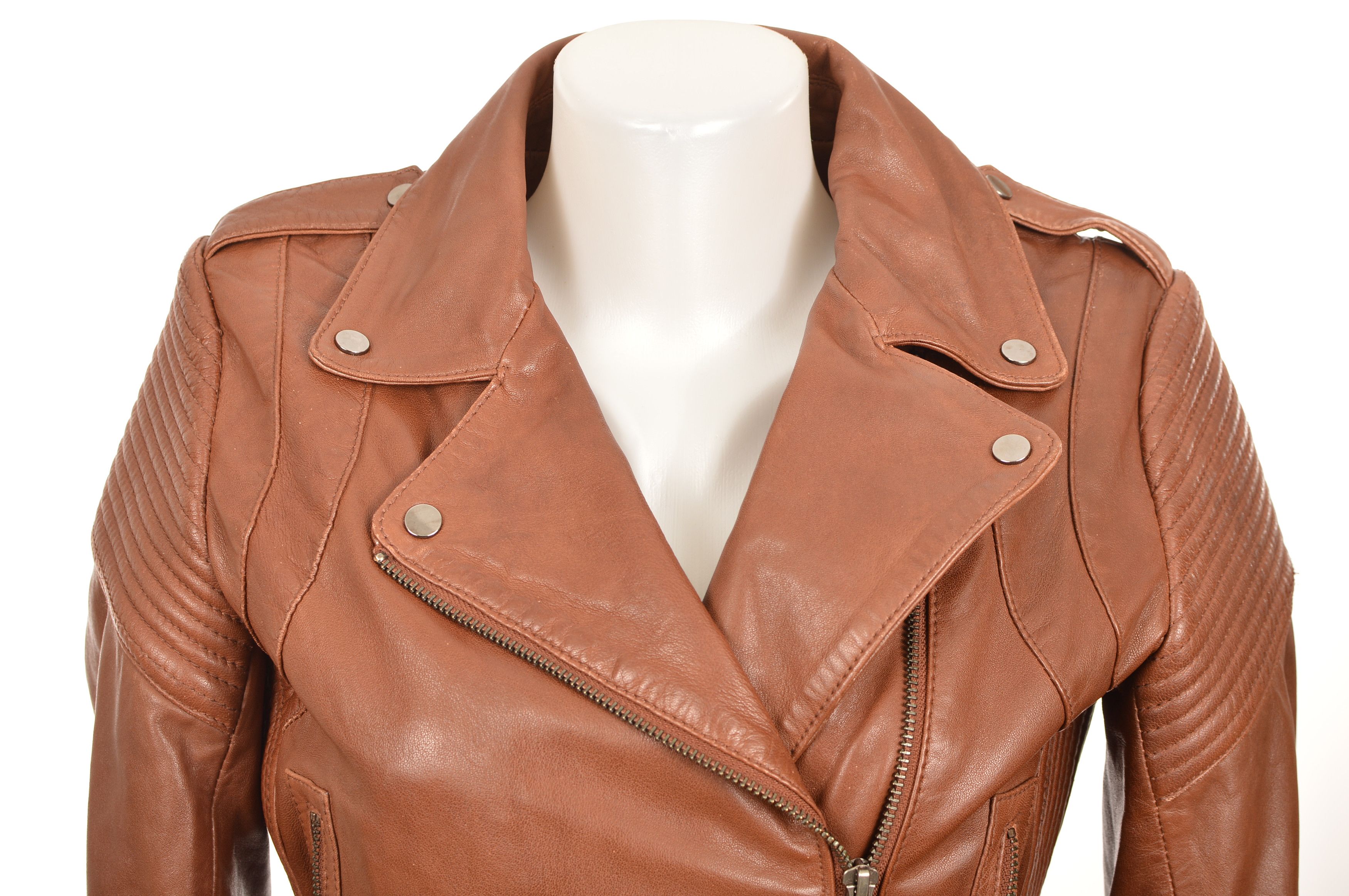 Vintage Naf Naf Womens Brown Leather Biker Jacket Size XXS / US 00 / IT 34 - 2 Thumbnail