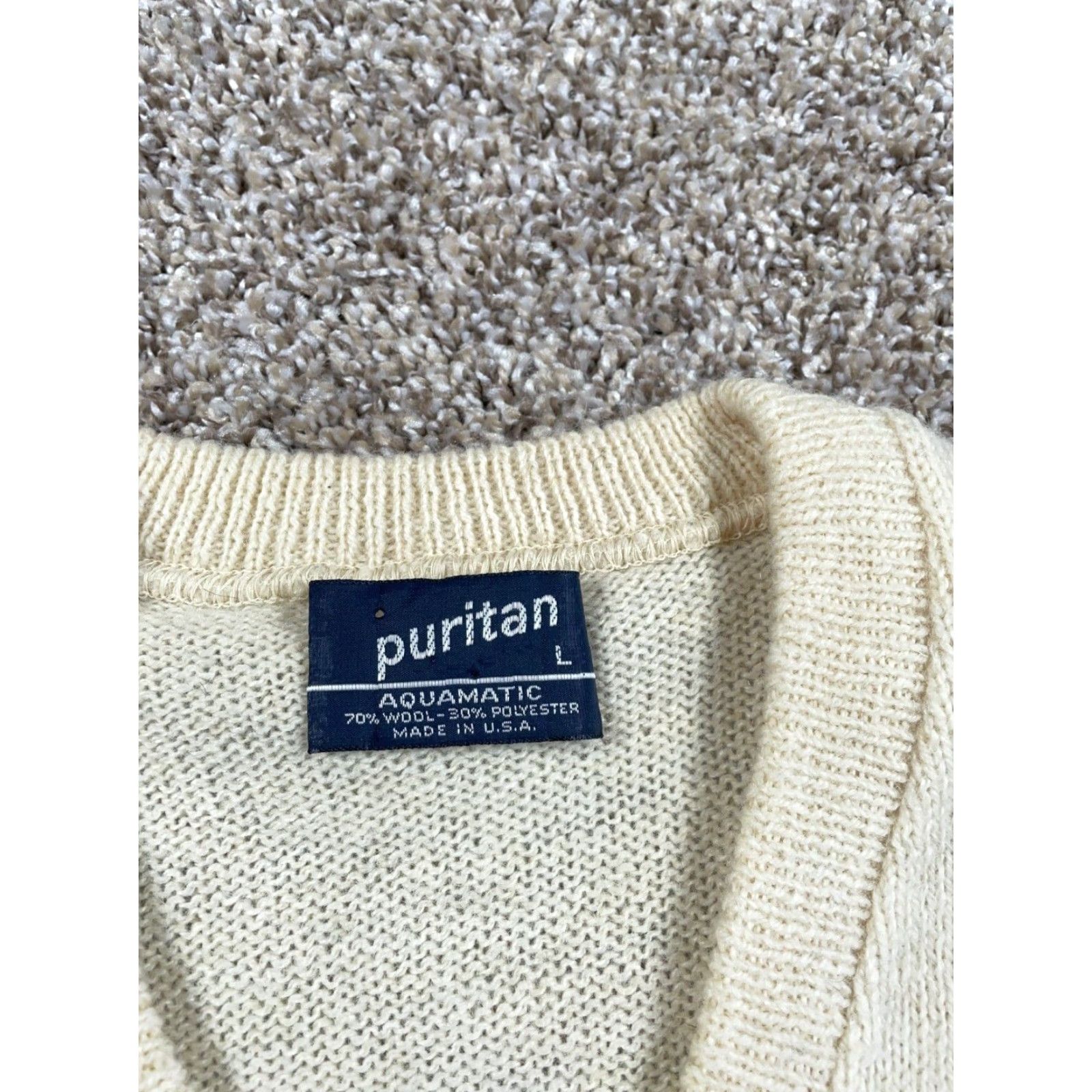 Vintage VTG Puritan 80s Wool Blend V-Neck Sweater Adult Large Ivory Knit Aquamatic Brand Size US L / EU 52-54 / 3 - 4 Thumbnail
