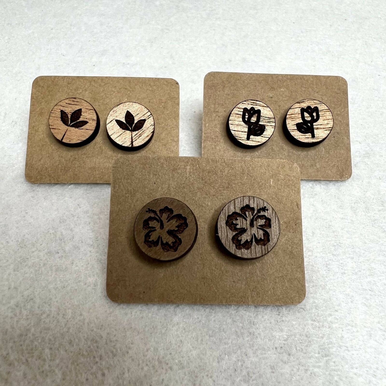 Handmade 3 Pack Wooden Engraved Stud Earrings Size ONE SIZE - 1 Thumbnail