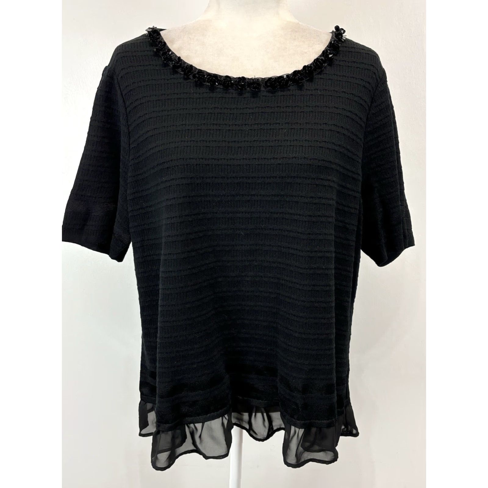 Vintage Ming Wang Sweater Womens Large Black Ruffle Beaded Knit Pullover Round Neck Short Sleeve Classic Size L / US 10 / IT 46 - 2 Thumbnail