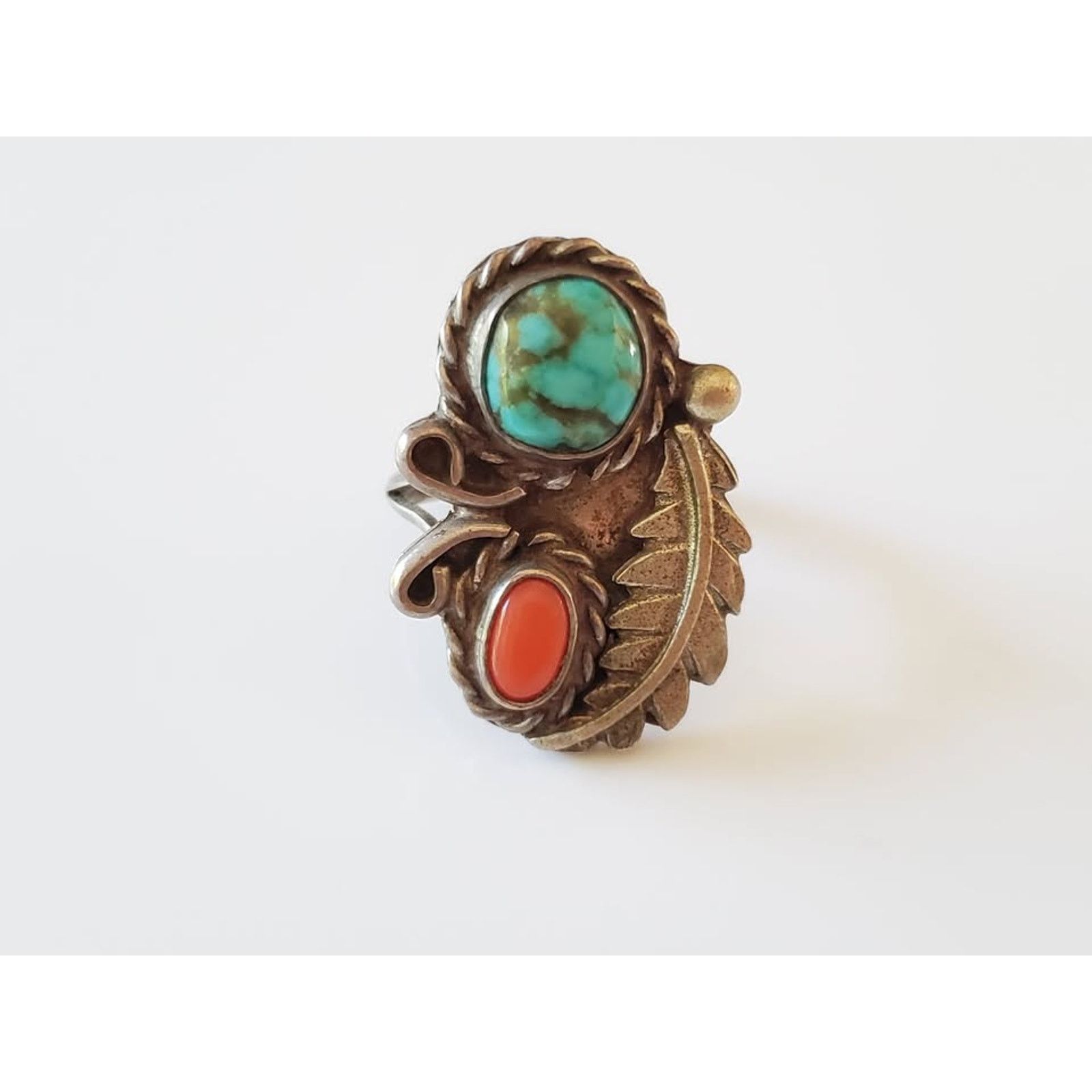 Other Vintage Turquoise and Coral Navajo Sterling Silver Ring Size ONE SIZE - 1 Thumbnail