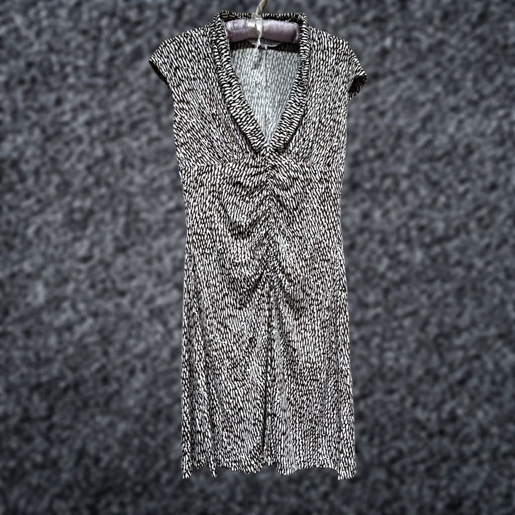 Trina Turk Trina Turk Women V-neck Printed Cap Sleeve Ruched Silk Dress White/Brown Size 8 Size M / US 6-8 / IT 42-44 - 1 Thumbnail