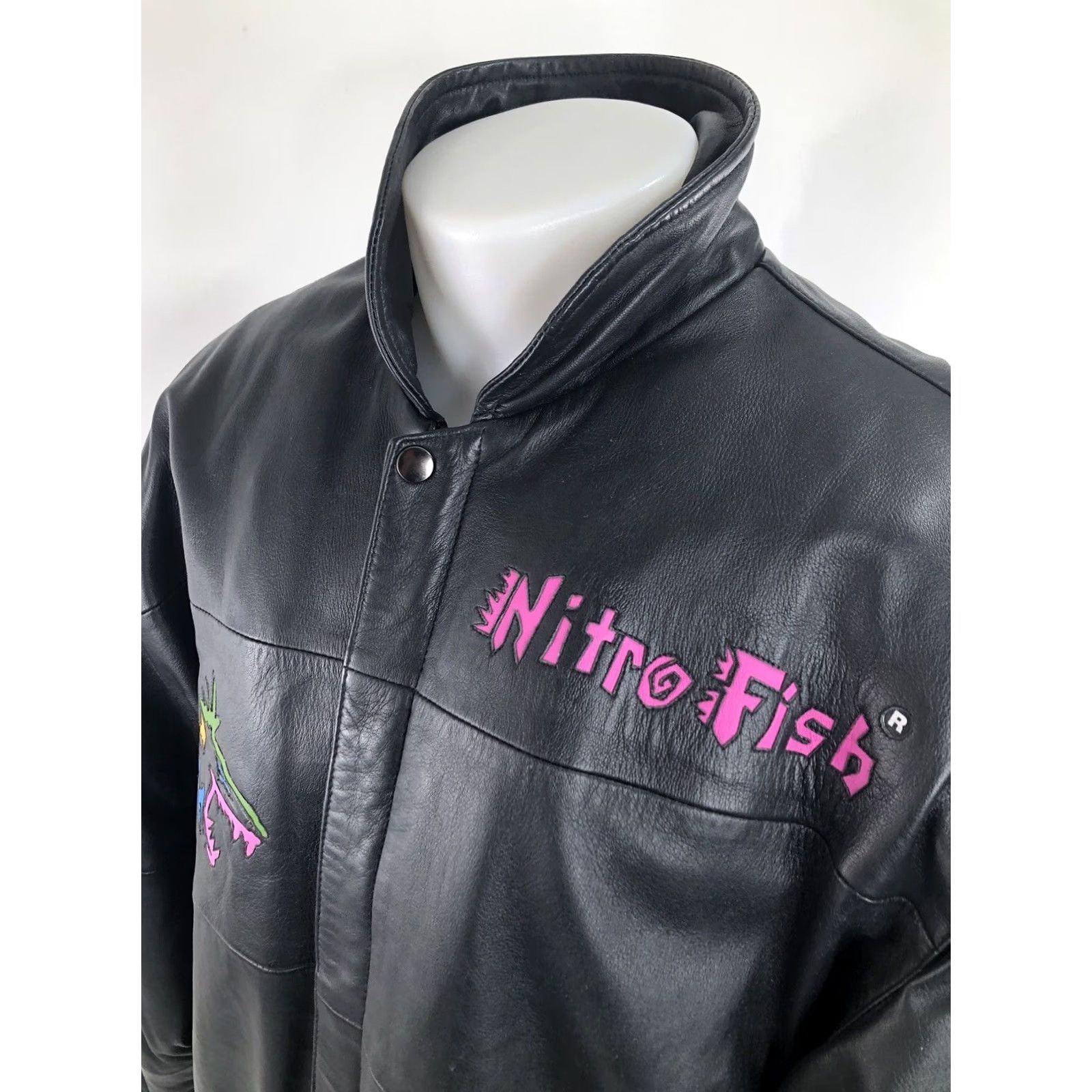 Vintage NITRO FISH Leather Bomber Jacket Mens XL Shoulder Pads Black 90s Fish Theme Vintage EXCELLENT Size US XL / EU 56 / 4 - 3 Thumbnail