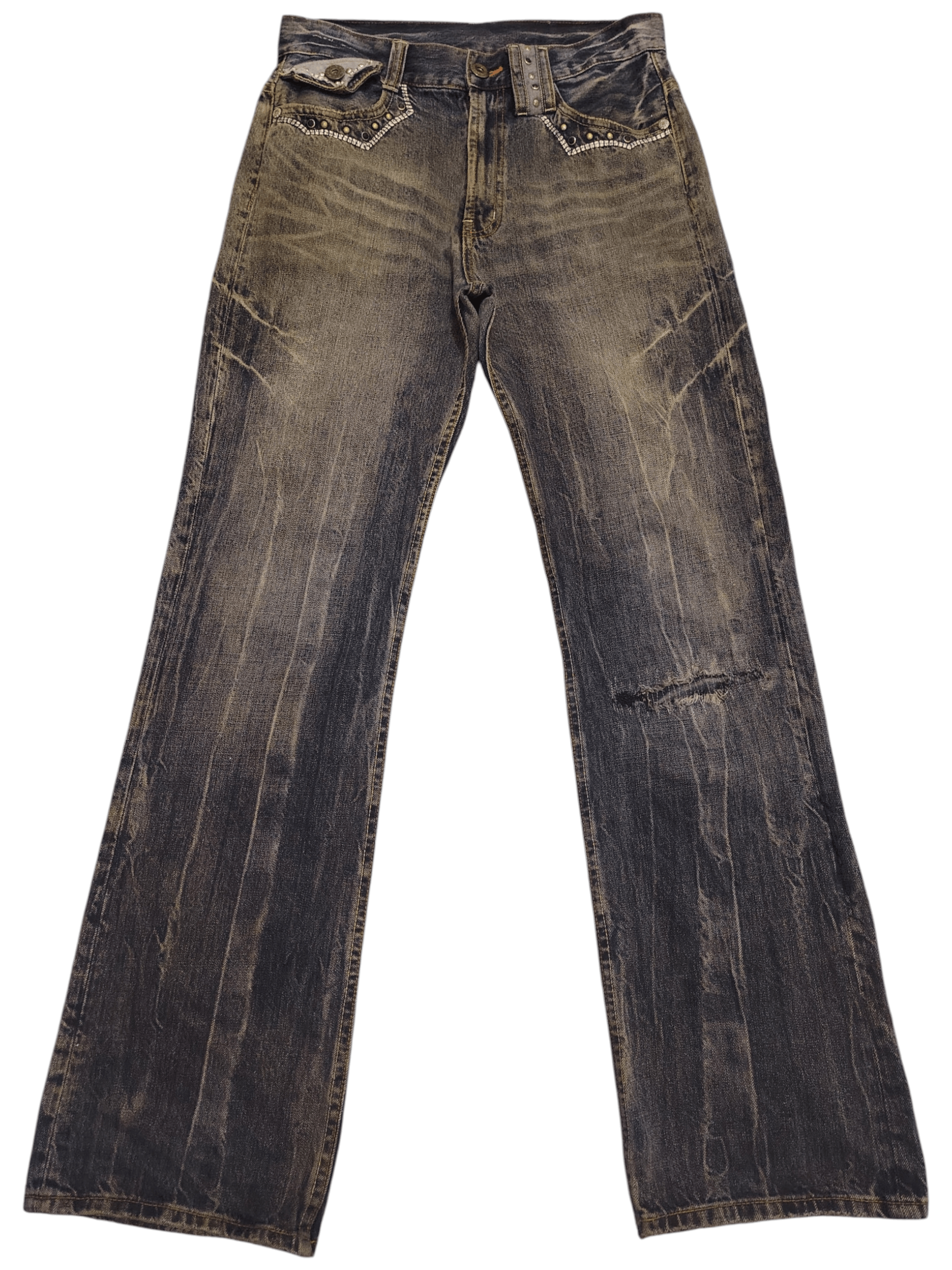 Tornado Mart Japanese Oririn Buckle Back Flared Jeans Distressed Denim Size US 31 - 1 Thumbnail