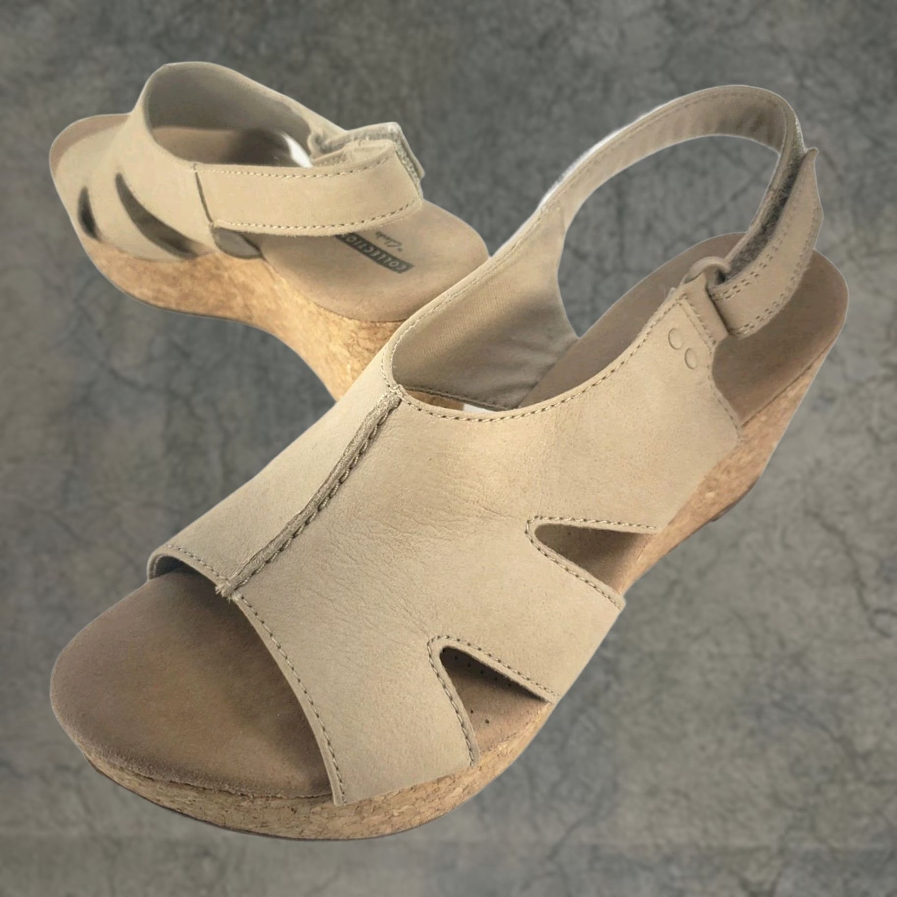 Clarks Clarks Annadel Eirwyn Cork Wedge Platform Sandal Beige Women's Size 8.5 Slingback Hook & Loop Cushioned Leather Size US 6 / IT 36 - 1 Thumbnail
