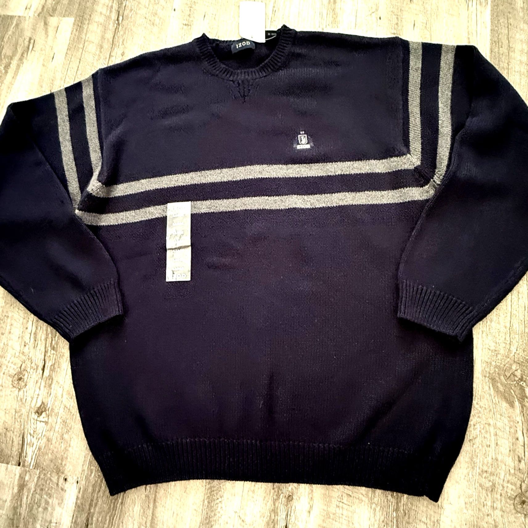 Izod IZOD Crewneck Cotton Sweater Mens L Navy Blue w Gray Stripes 5GG Crested NEW Size US L / EU 52-54 / 3 - 7 Thumbnail