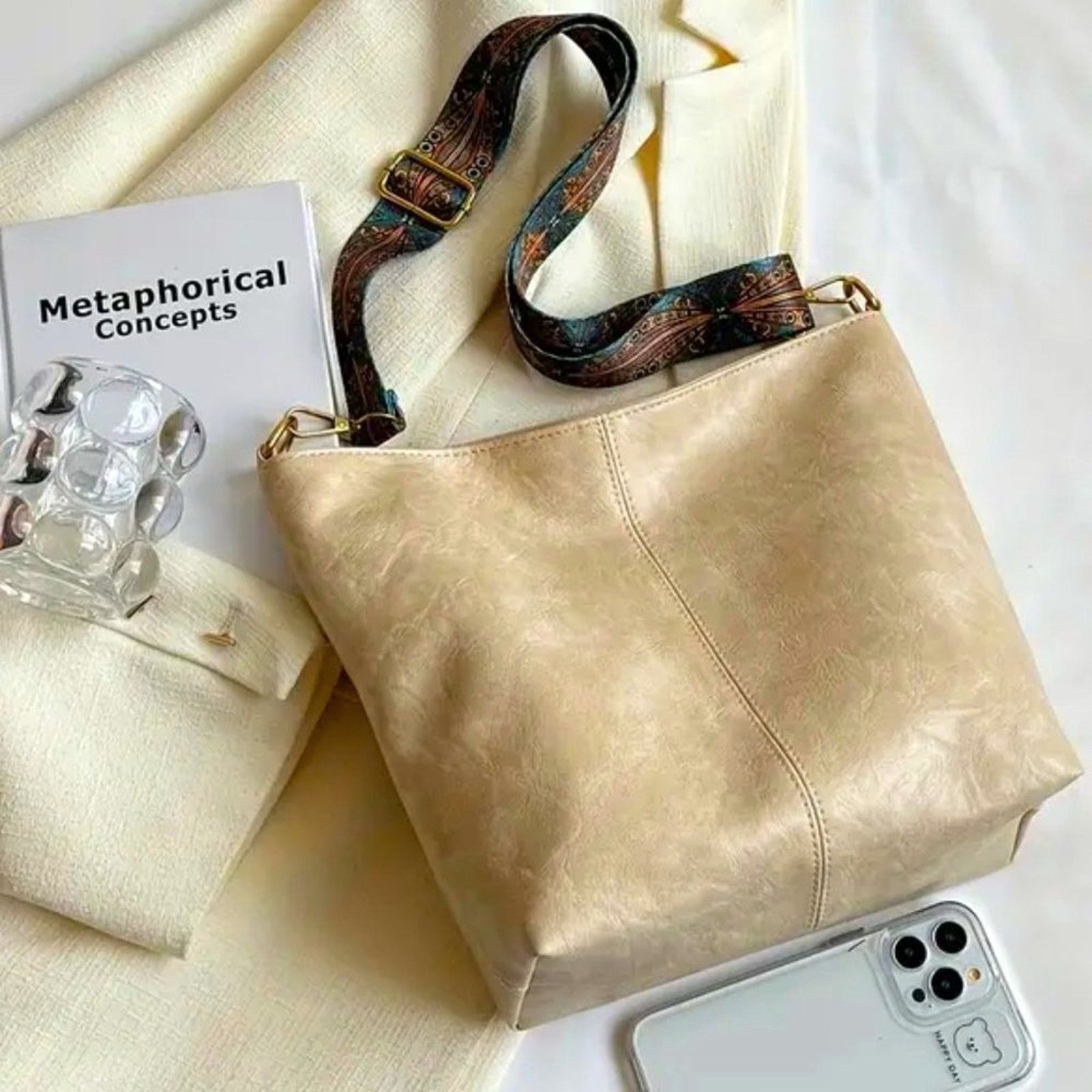 Other Art Deco Inspired PU Leather Crossbody Shoulder Bag - Beige Size ONE SIZE - 2 Thumbnail