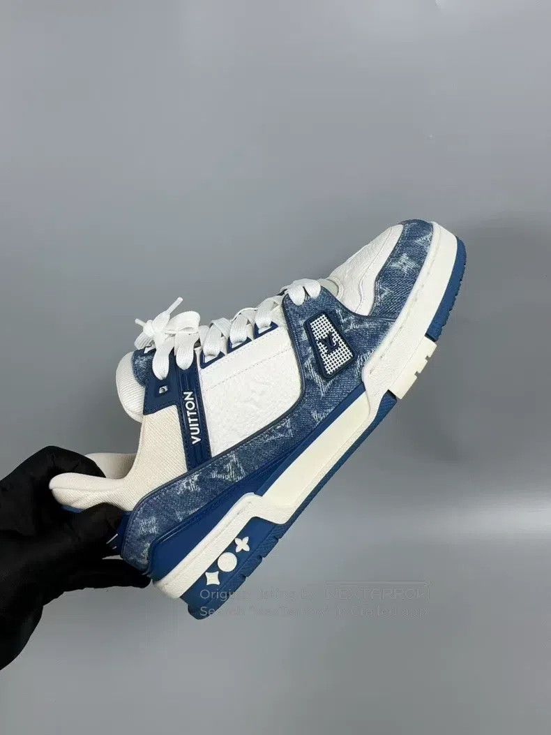 Louis Vuitton Louis Vuitton White and Blue Full Print Denim Trainer Casu Size US 7 / EU 40 - 6 Thumbnail