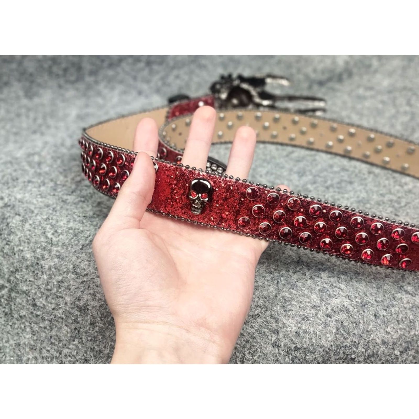 Vintage VINTAGE Punk Rock Western Belt Mens One Size Red Glitter Skull Hand Buckle Studded Leatherette Faux Leather Opium Y2K Style Size ONE SIZE - 3 Thumbnail
