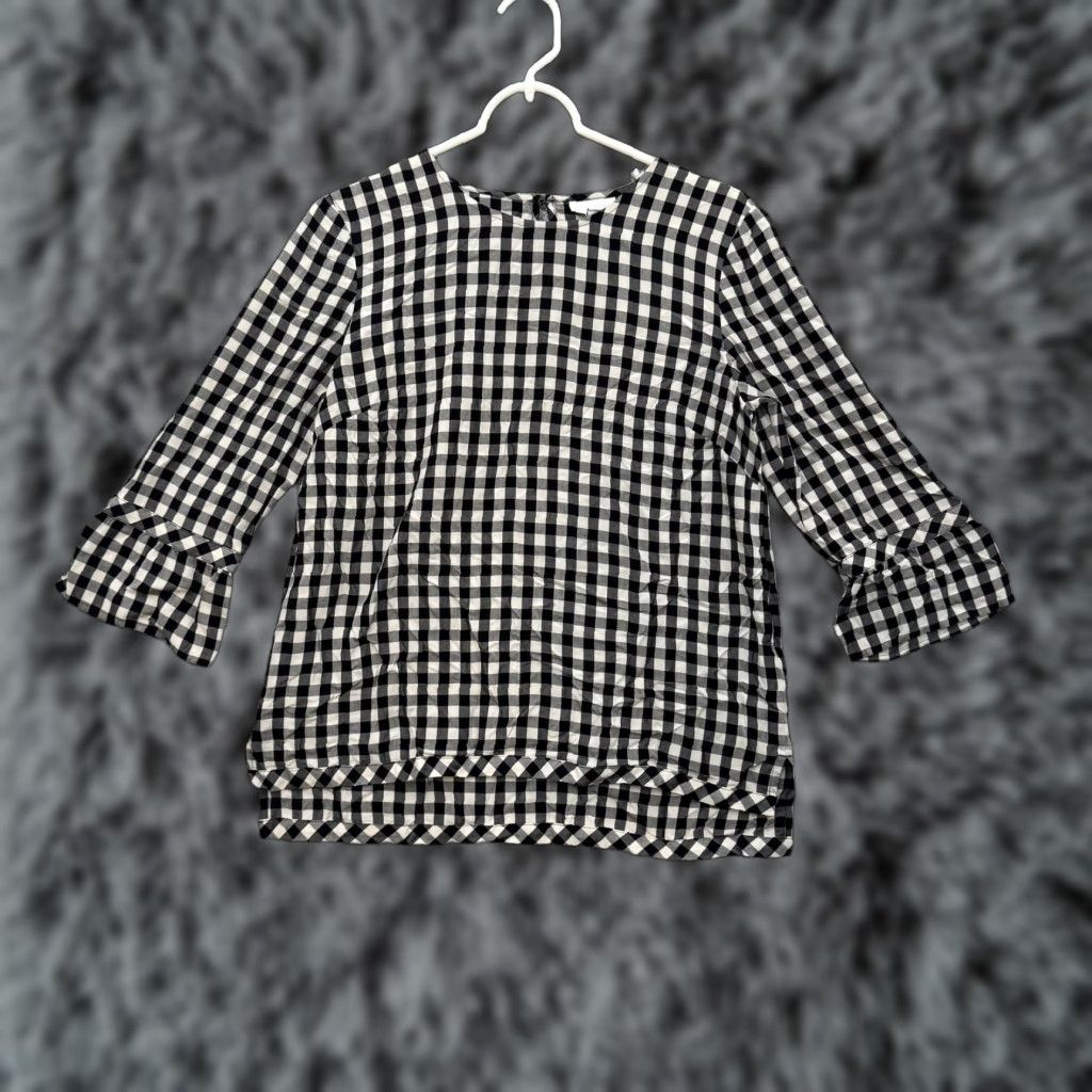 J. Jill J Jill Top Small Black White Gingham Check Ruffle Sleeve Prairie Cottagecore Blouse Bell Sleeve Crew Neck 3/4 Sleeve Women S Rayon Size S / US 4 / IT 40 - 1 Thumbnail