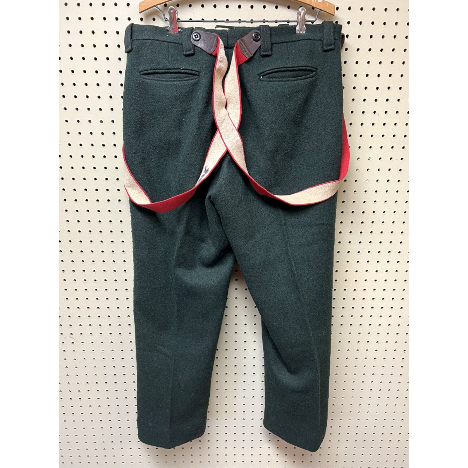 Vintage VINTAGE Melton Wintermaster Green Wool 32x29 Men’s Pants Flat Front Straight Leg With Braces Suspenders Mens 1970s Size 32 - 2 Thumbnail