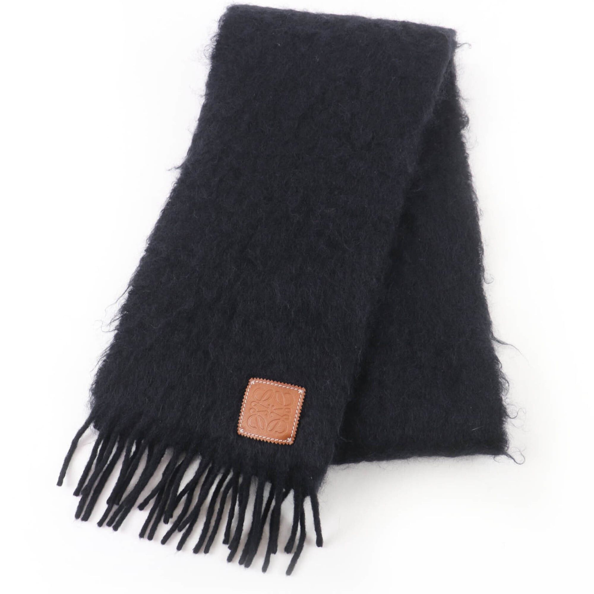 Loewe LOEWE Mohair Wool Anagram Leather Patch Fringe Scarf, Black, Made in Spain, Authentic, Women's Size ONE SIZE - 1 Thumbnail