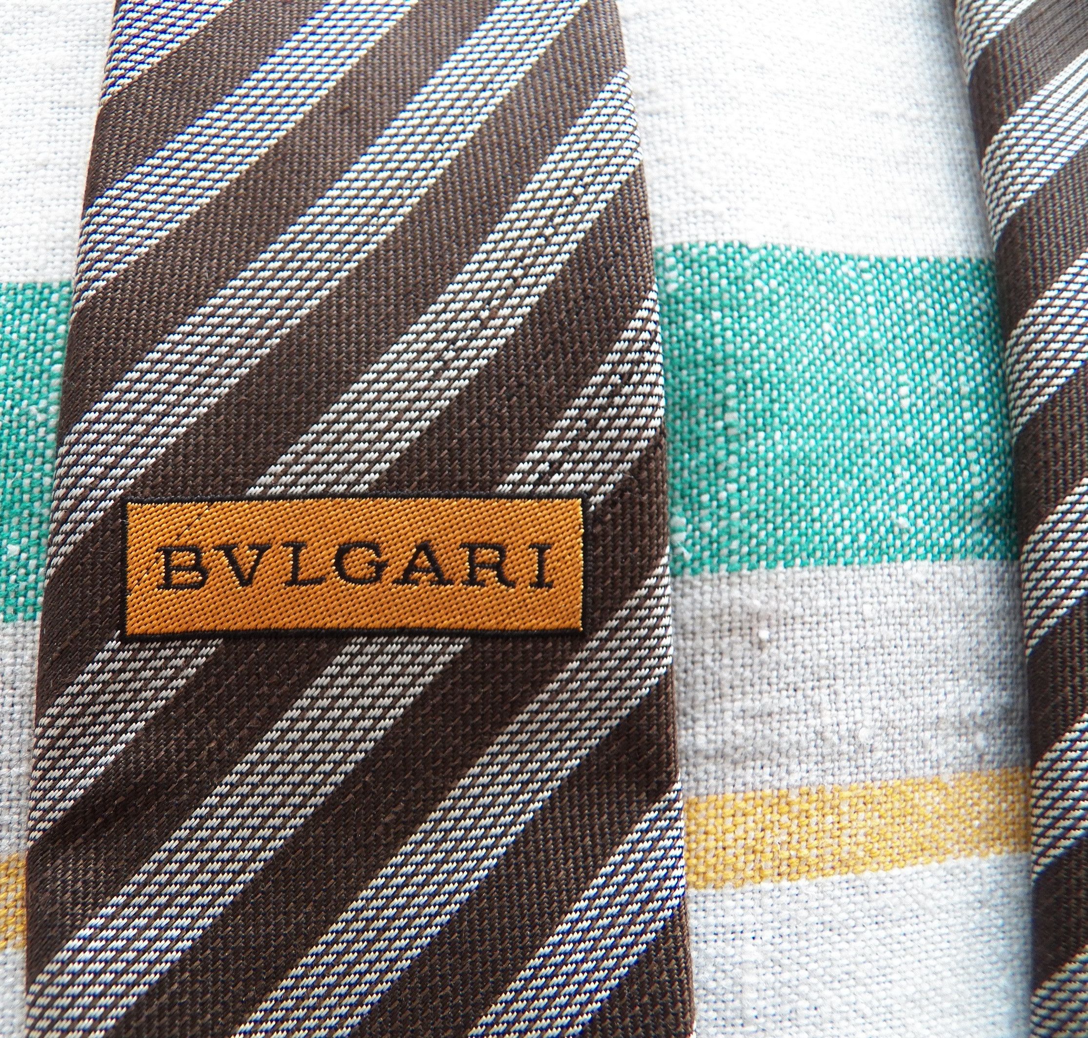 Bvlgari Silk Linen Necktie woven grey brown diagonal stripe tie Size ONE SIZE - 6 Thumbnail