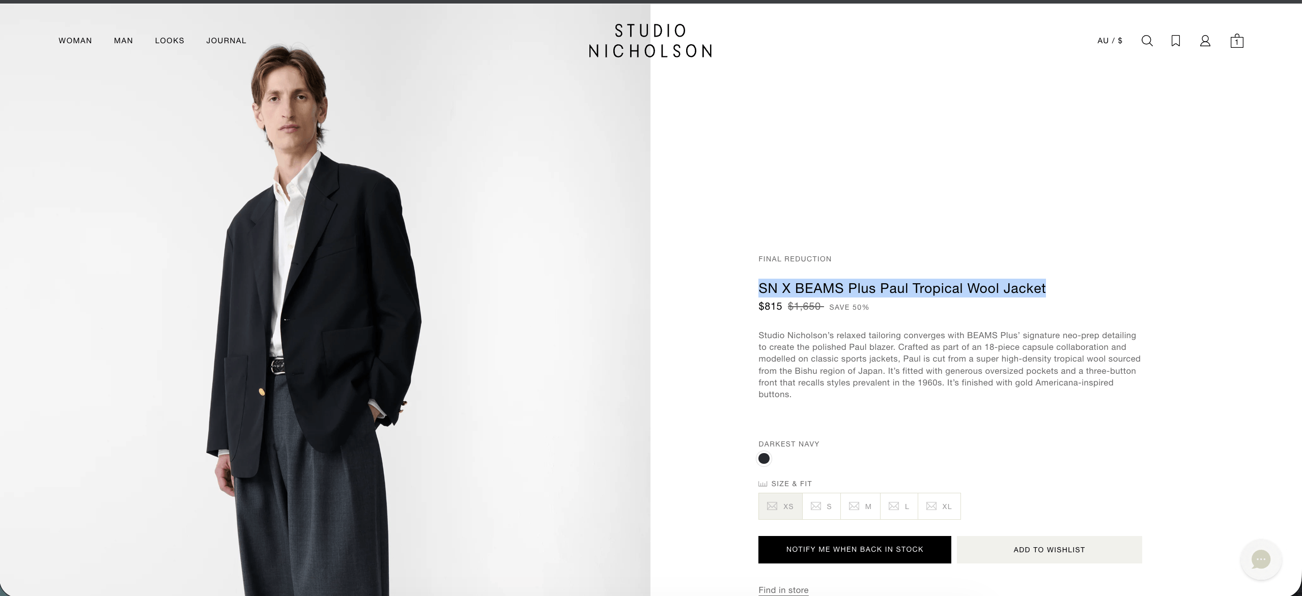 Studio Nicholson SN X BEAMS Plus Paul Tropical Wool Jacket Size 50R - 2 Thumbnail