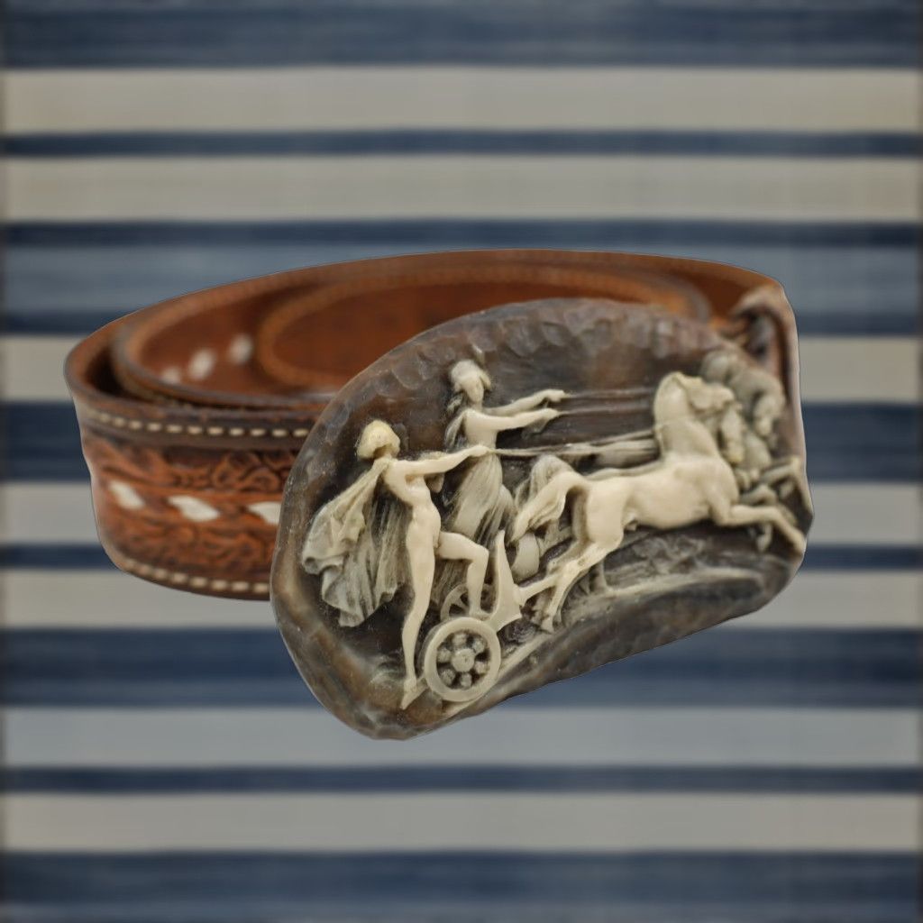 Vintage VINTAGE Carves Chariot Belt Buckle W/Tex Tan Woven Leather Belt Brown 38" Men's Belt Buckle 38" Brown Vintage Mens Size 38 - 1 Thumbnail