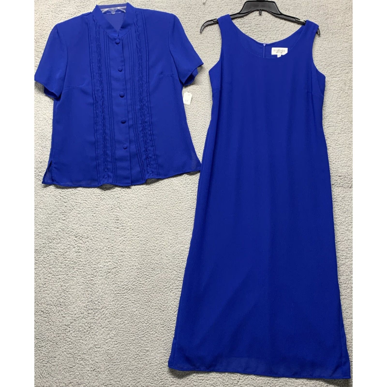 Vintage VINTAGE Studio 1 2-pc Dress Set Women's Sz 8 Royal Blue Button Zip Closure Shoulder Pads Midi Dress Shirt Dress 100% Polyester Women Size M / US 6-8 / IT 42-44 - 4 Thumbnail