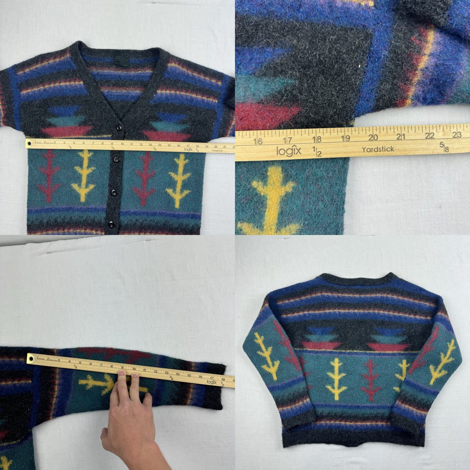 VINTAGE Alpaca Cardigan Sweater 80s Multicolor Geometric Long Sleeve V-Neck Womens Large