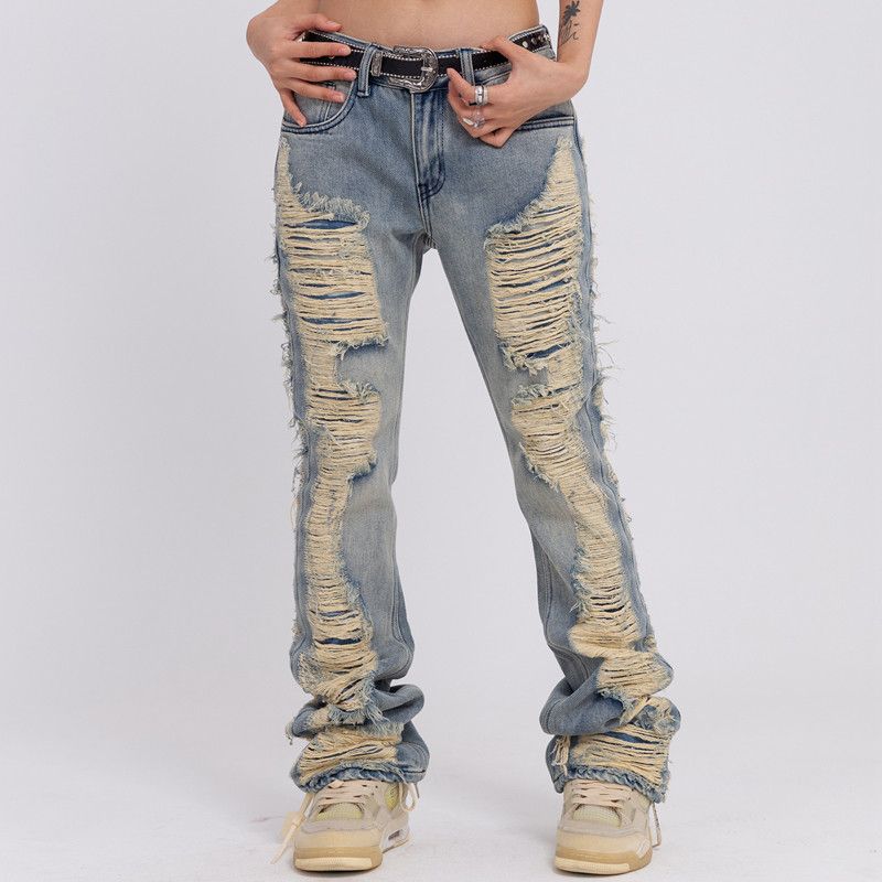 Ripped Frayed Hole Blue Washed Jeans