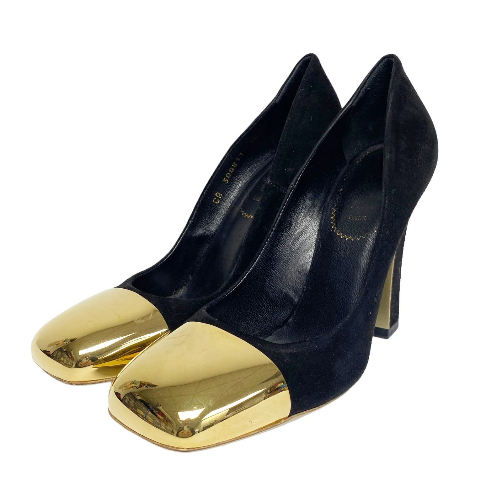 image of YSL YVES Saint Laurent Mae Gold Cap Square Toe Pumps Shoes in Black, Women's (Size 8)