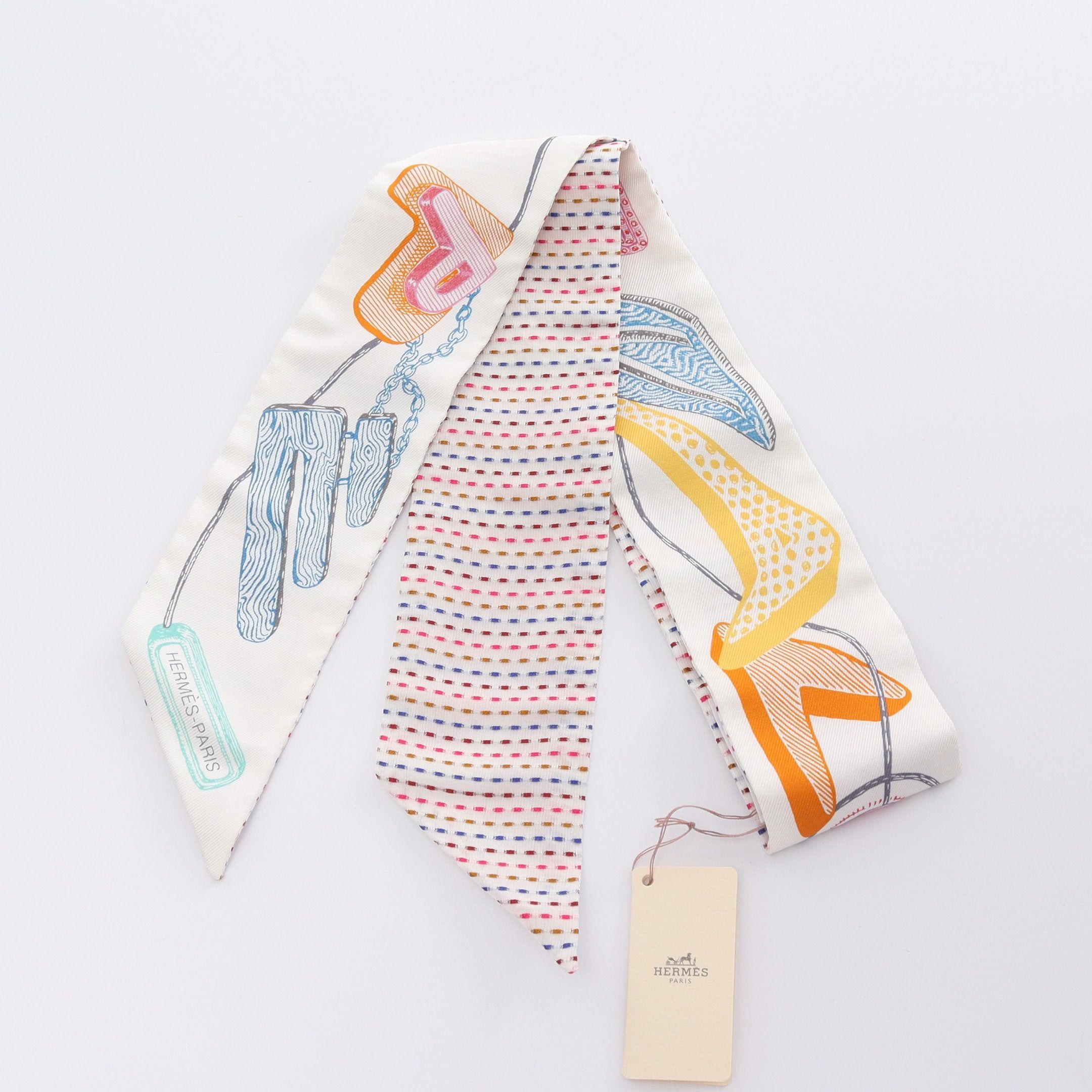 Hermes Hermes Twilly Chevaloscope Neon Ribbon Scarf Silk White Multicolor Size ONE SIZE - 1 Thumbnail