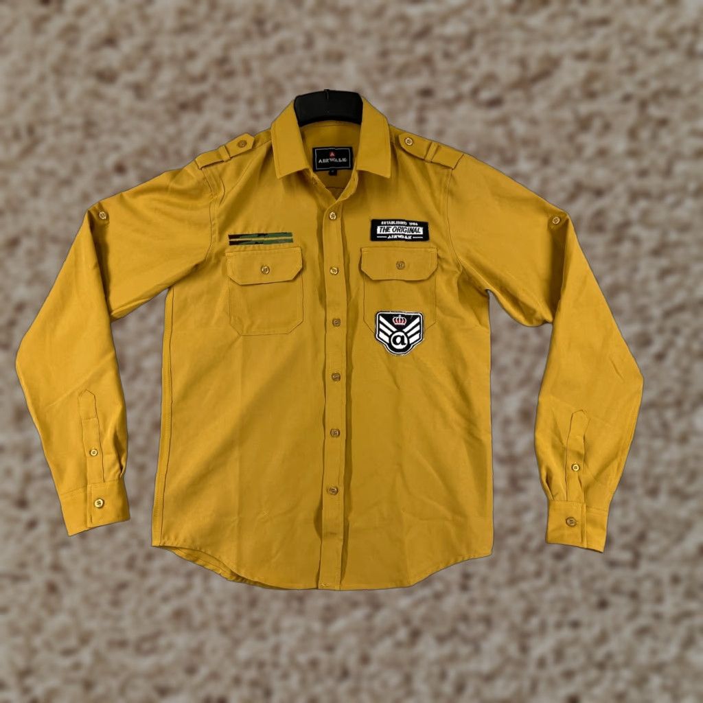 Airwalk AIRWALK Button-Up Shirt Army Yellow Adult Small Long Sleeve Patches Yellow Polyester Blend Solid Button Up Mens Regulated/All Seasons/NBR Size US S / EU 44-46 / 1 - 1 Thumbnail