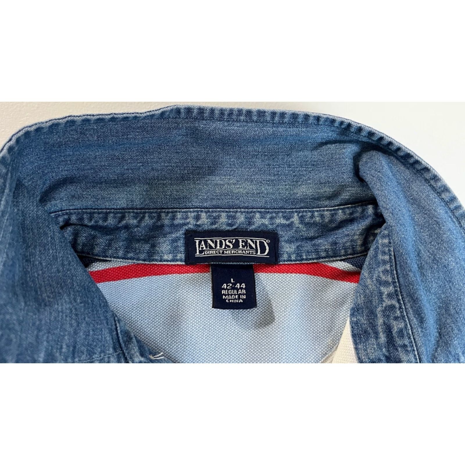 Lands' End Lands' End Polo Shirt Striped Denim Collar Sz L Men’s Short Sleeve Cotton Multicolor Polo Mens Size US L / EU 52-54 / 3 - 6 Thumbnail
