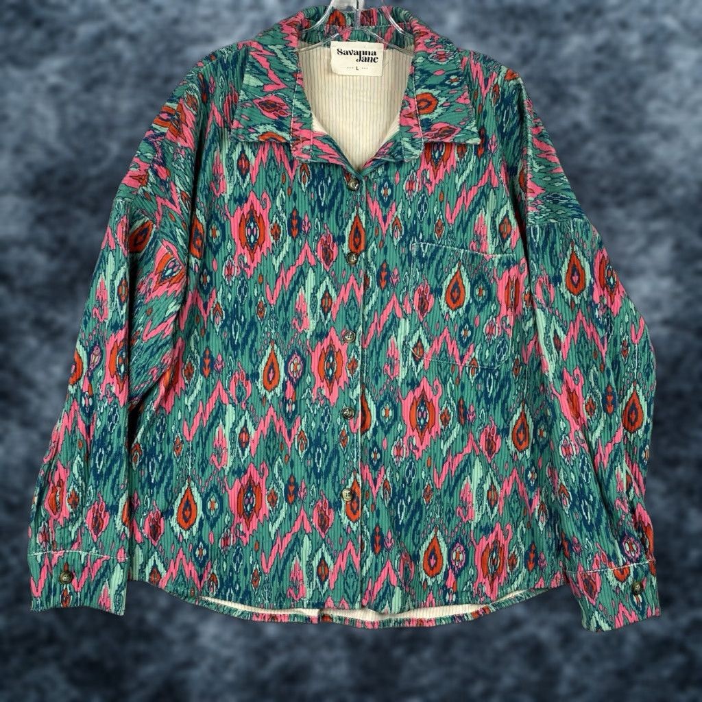 Pinko Savanna Jane Jacket Womens L Green Pink Floral Aztec Corduroy Button Up Boho Shirt Size L / US 10 / IT 46 - 1 Thumbnail