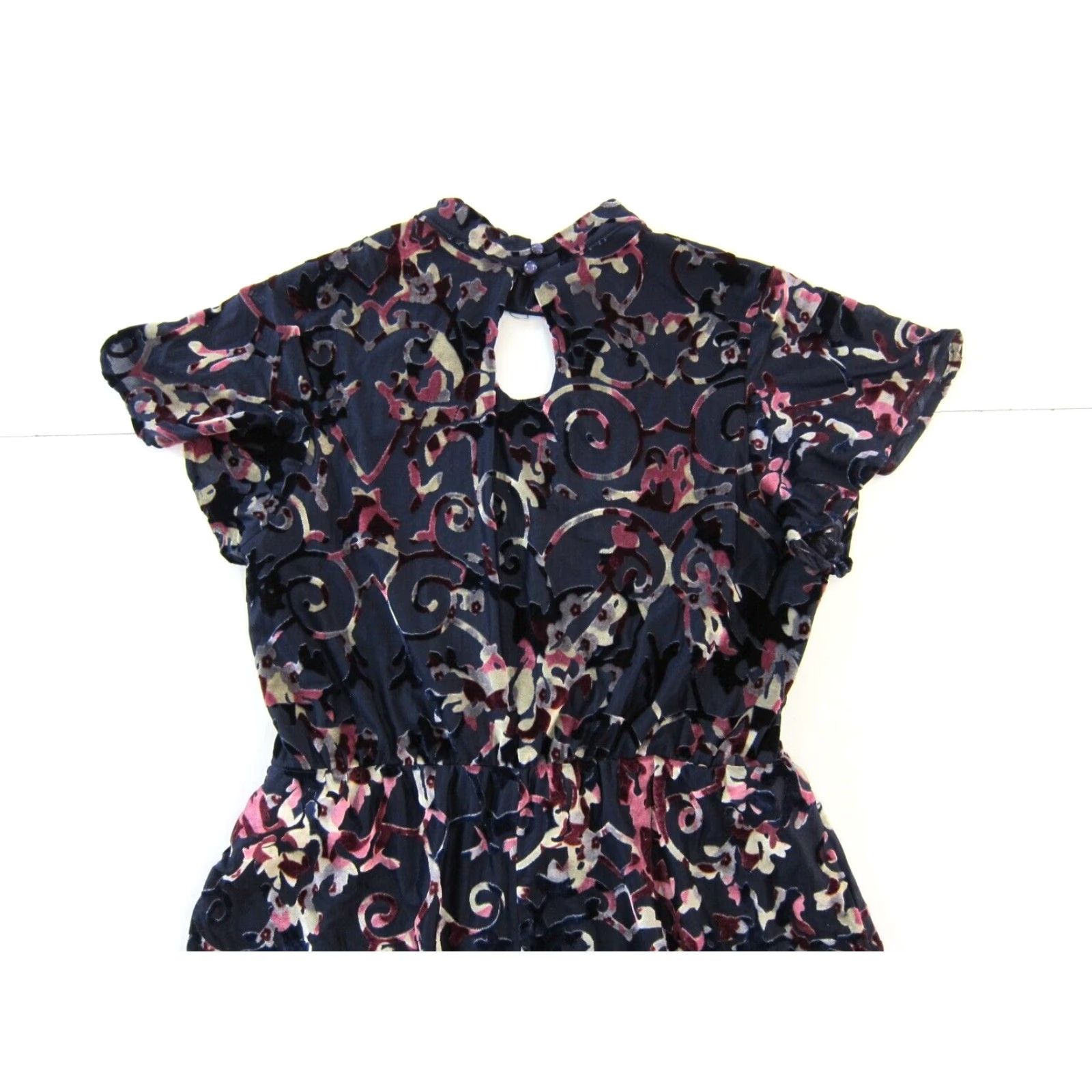 Vintage Bongo Blue Pink Floral Stretch Velvet High Neck Boho Sheath Empire Dress Small Women Short Sleeve Knee Length Size S / US 4 / IT 40 - 5 Thumbnail