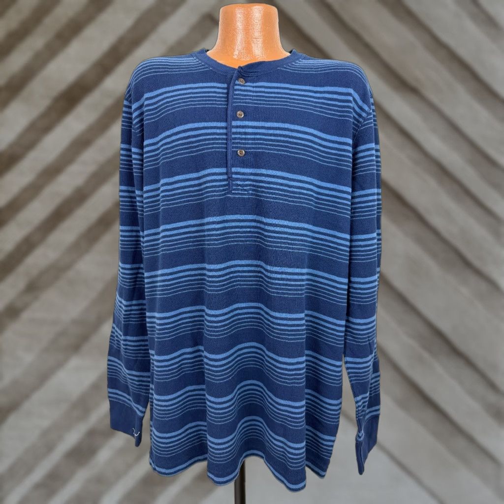Lands' End Lands' End Waffle-Knit Henley Shirt Men XL Tall Striped Navy Blue Heavyweight Stretchy Size US XL / EU 56 / 4 - 1 Thumbnail