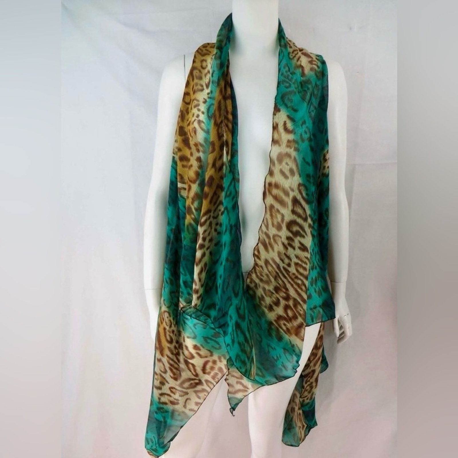 Other Chiffon kaftan tunic poncho beach coverup Leopard Teal Scarf Size ONE SIZE - 2 Thumbnail
