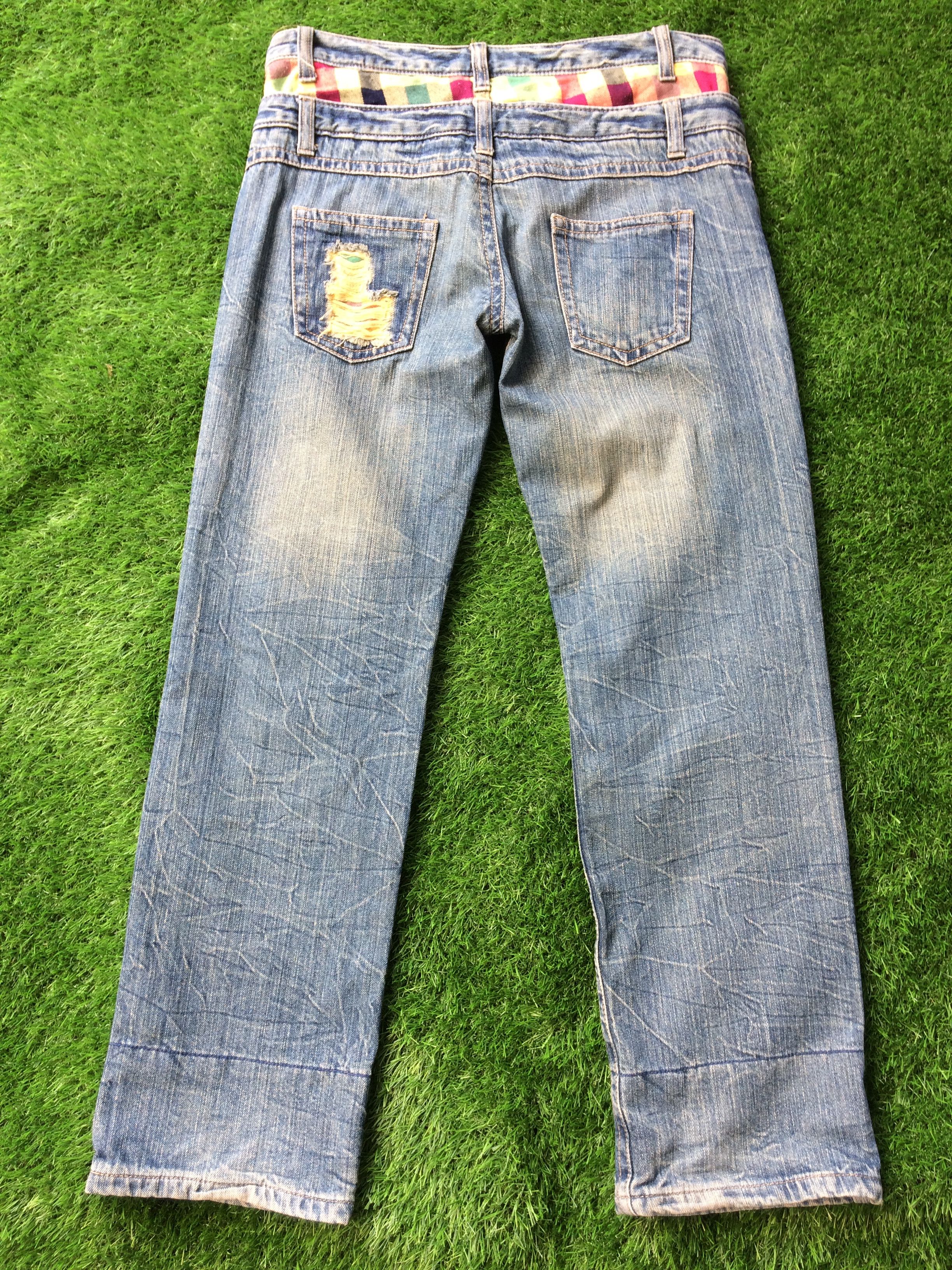 Japanese Brand × Vintage Vtg Distressed Double Waist Checkered Denim Jeans D-689 Size US 31 - 2 Thumbnail